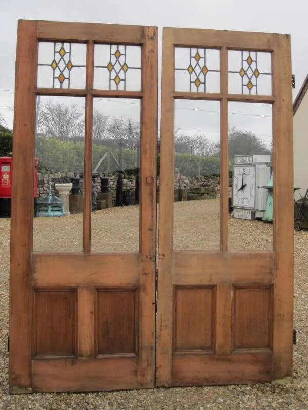 Substantial Pair of Antique Pitch Pine Stained Glass Doors - 4469