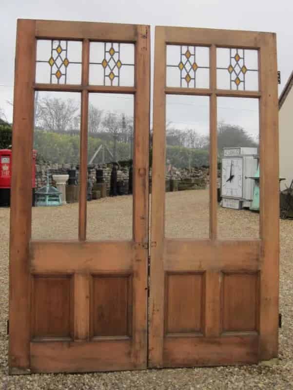 Substantial Pair of Antique Pitch Pine Stained Glass Doors
