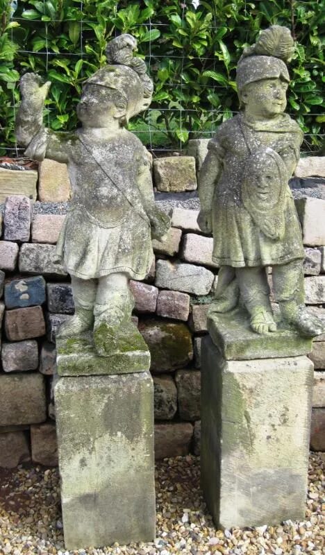 Pair of Antique Roman Boy Warriors on Solid Stone Plinths - 3870