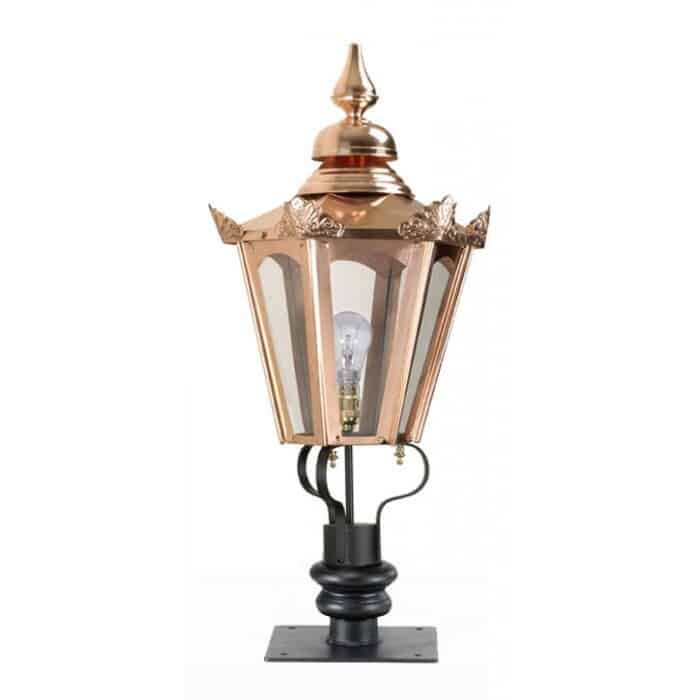 Copper Hexagonal Lantern On Pillar Bracket - Medium