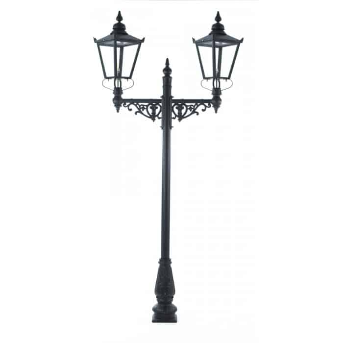 Double Headed Cast Iron Lamppost & Black Victorian Lantern Set