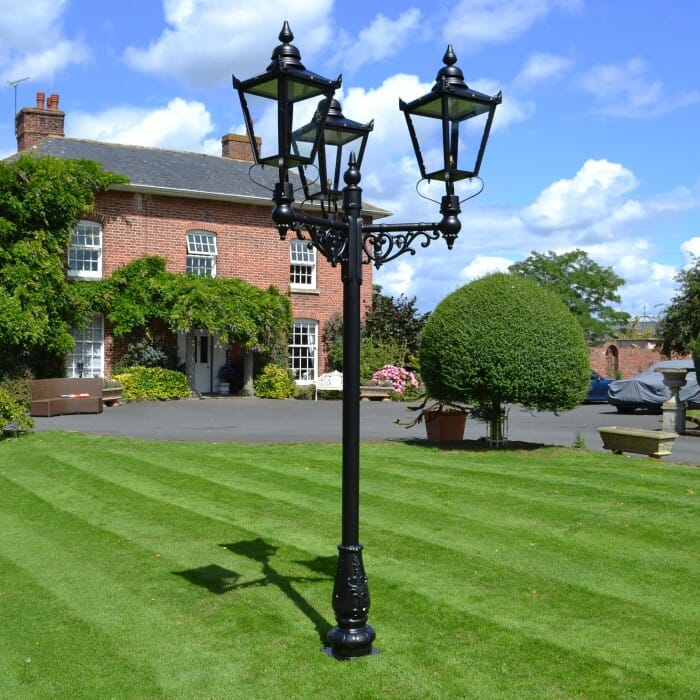 Triple Headed Cast Iron Lamppost & Black Victorian Lantern Set - LF1000/1/2/74 + LF1006 + LF10