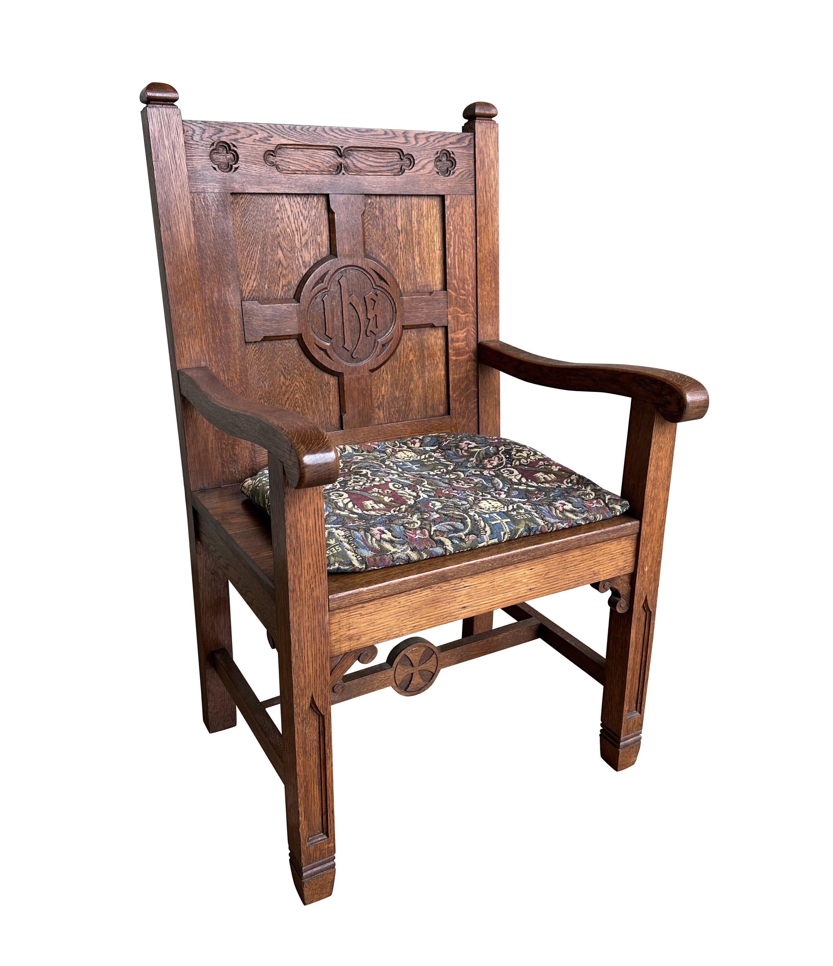 Antique Reclaimed Solid Oak Church Altar Chair - 10366