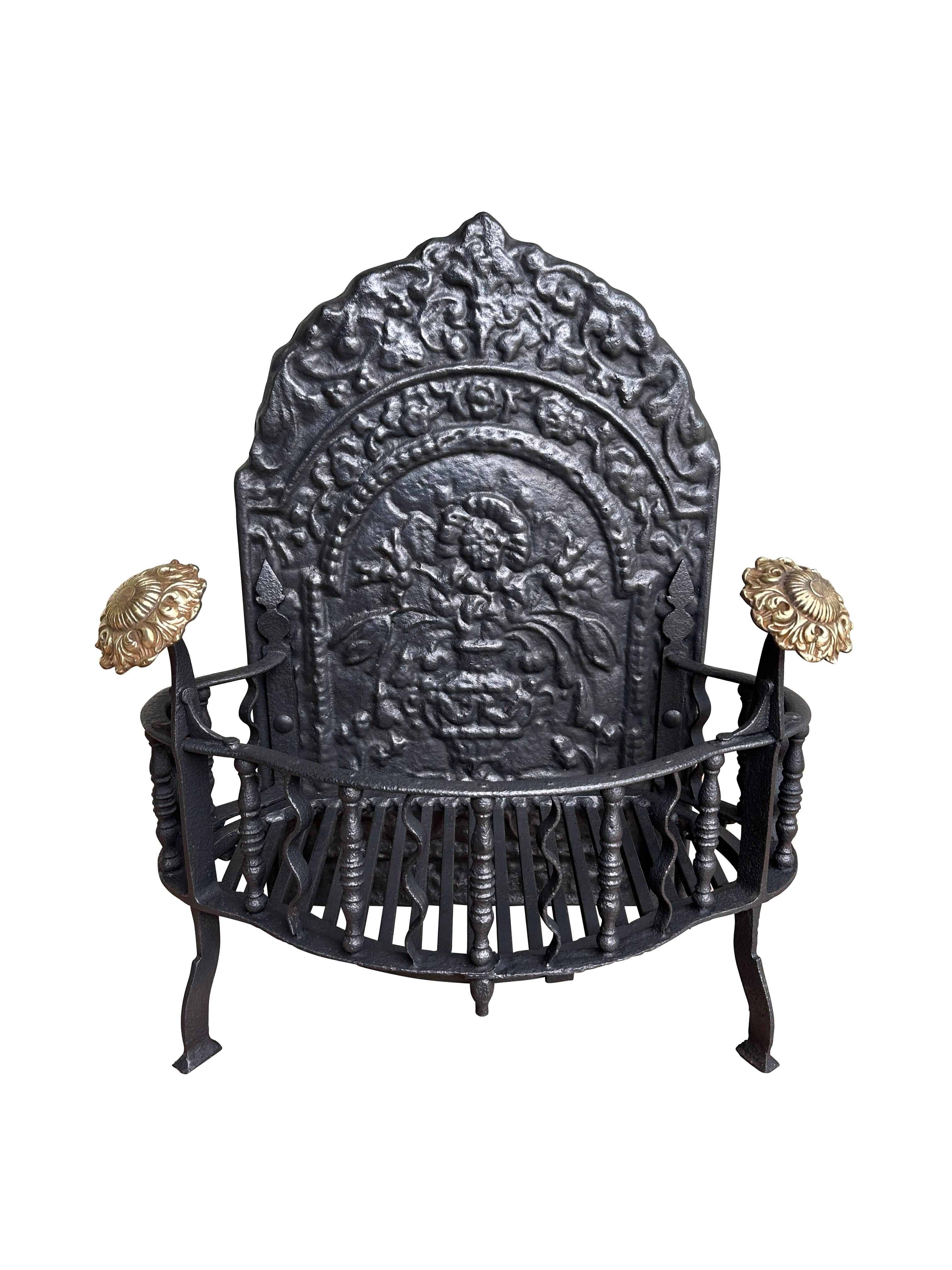 Antique Arts & Crafts Hob Grate With Brass Detailing