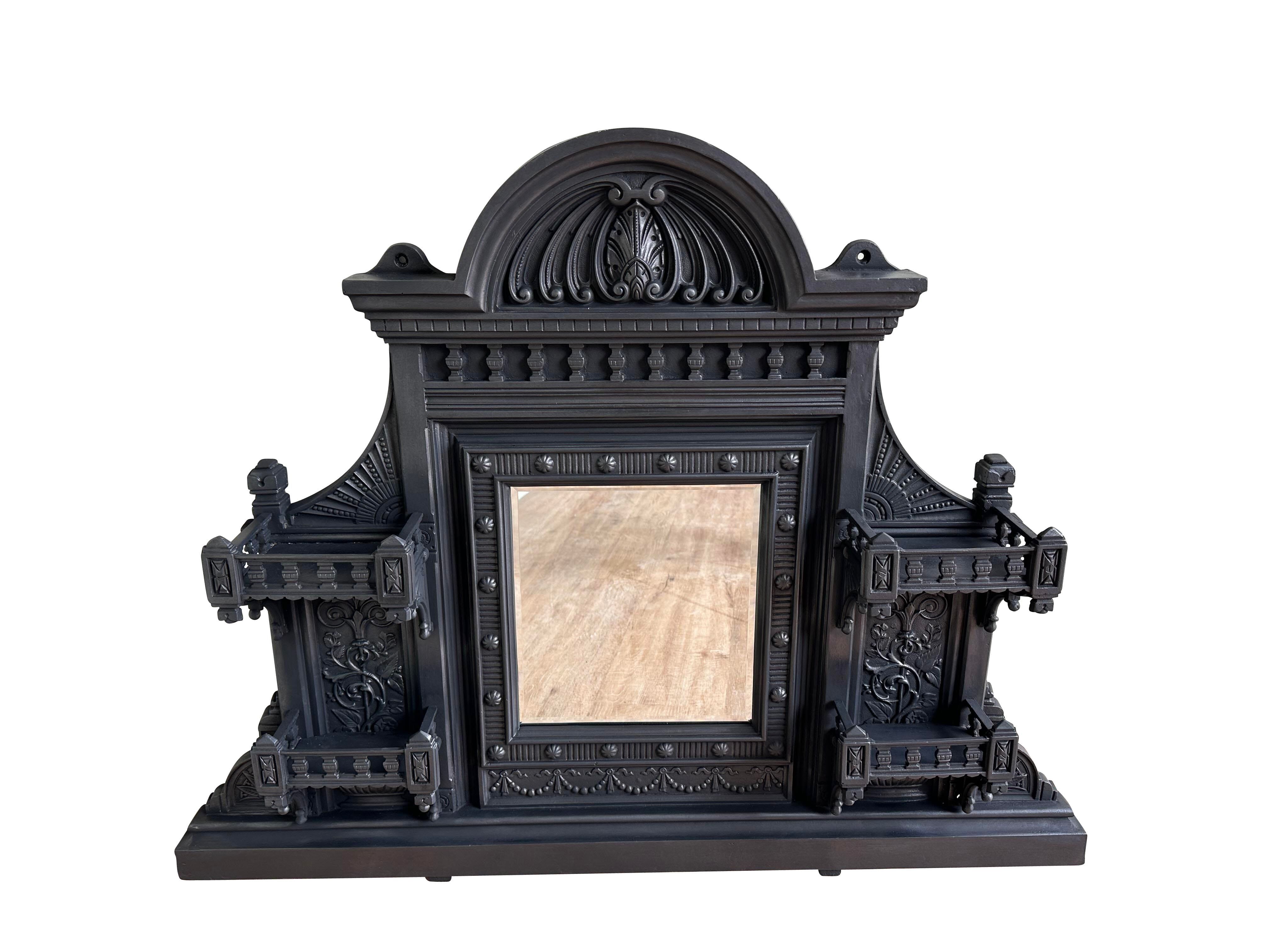 Victorian Ornate Cast Iron Overmantle Mirror With Shelves - 10364