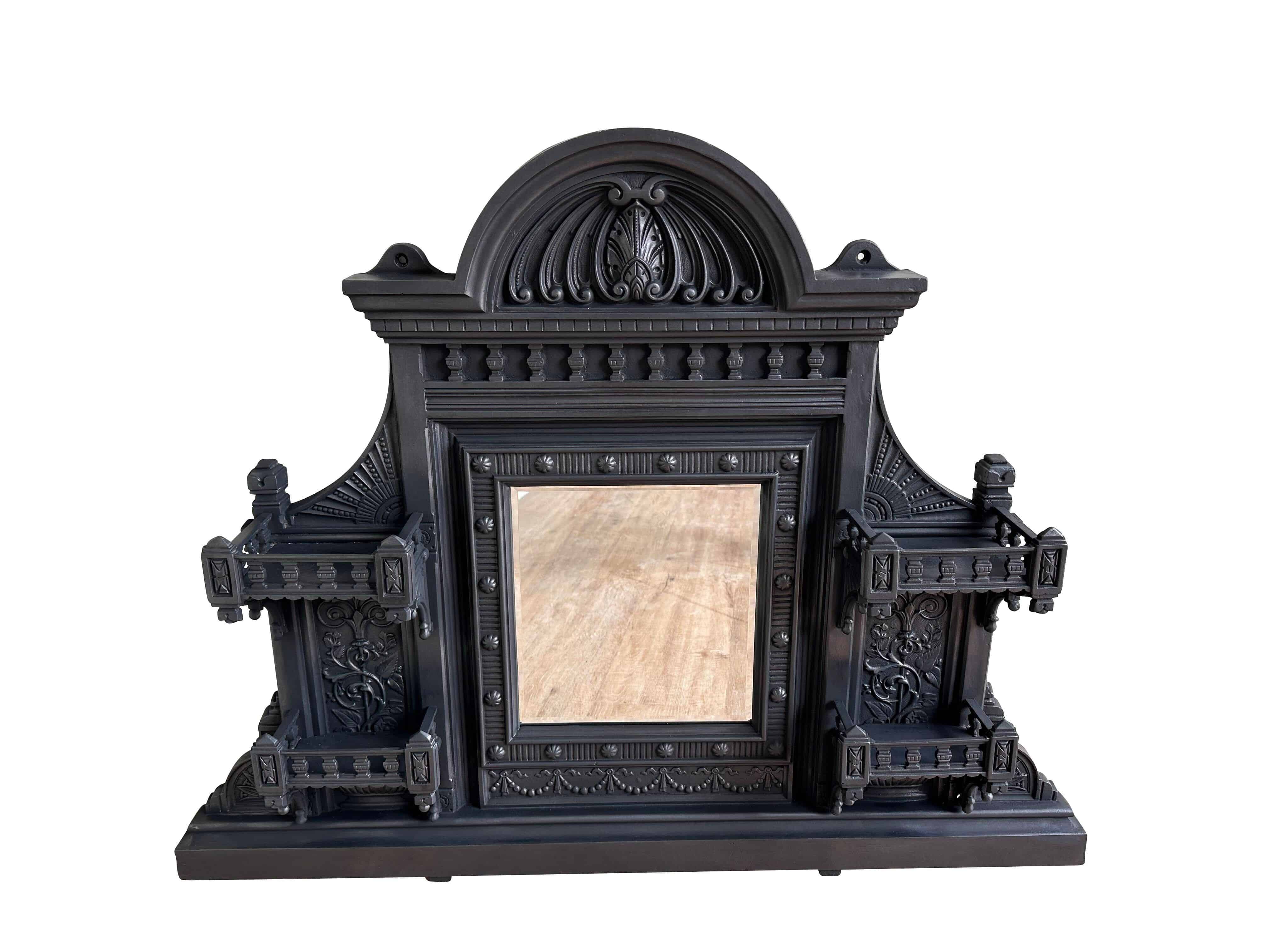 Victorian Ornate Cast Iron Overmantle Mirror With Shelves