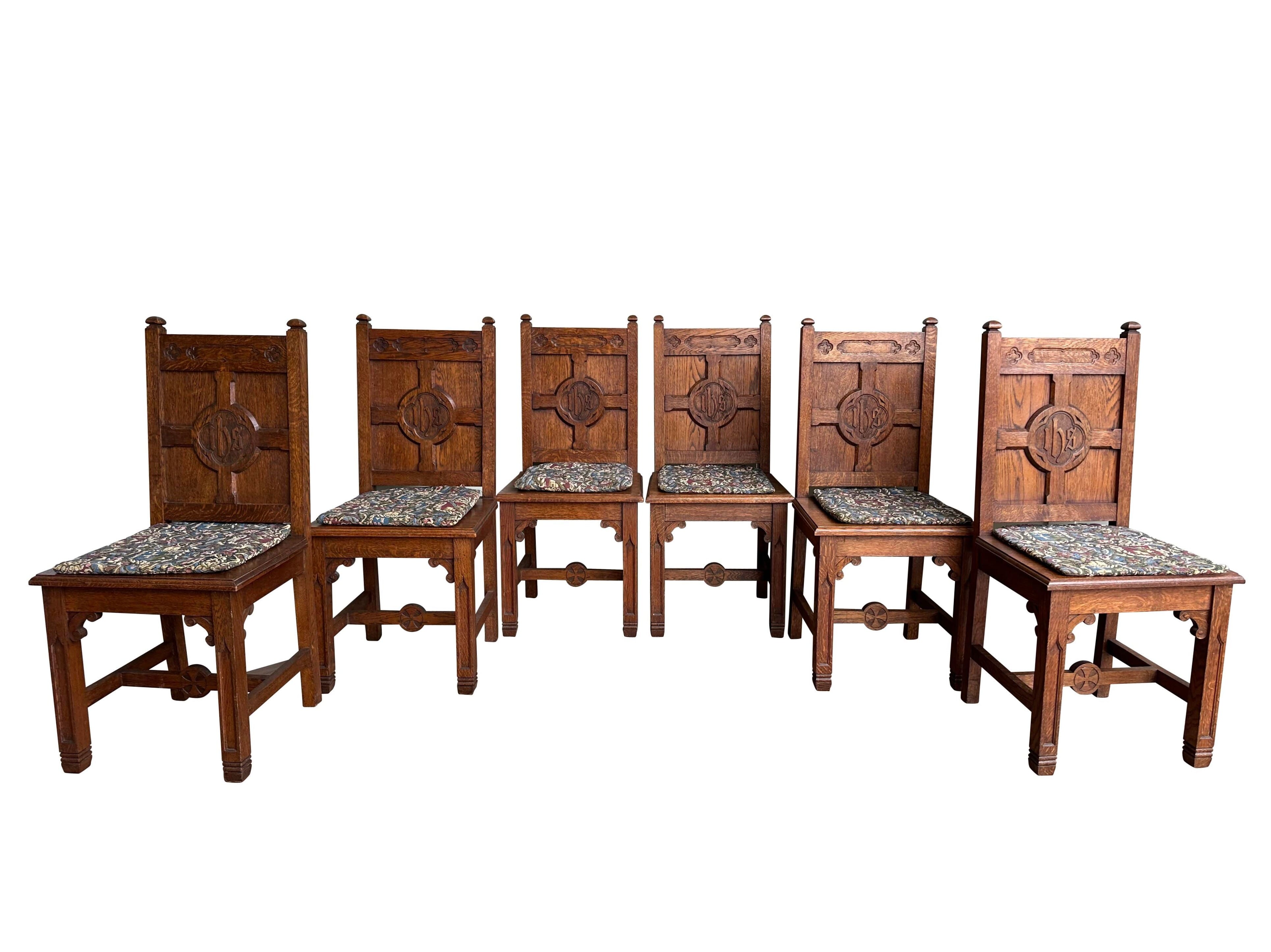 Set of 6 Antique Reclaimed Solid Oak Altar Church Chairs - 10365
