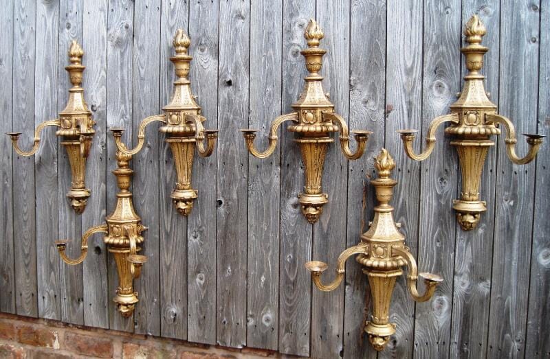 Set of 6 Antique Wall Mounted Two Branch Candle Holders - 3682