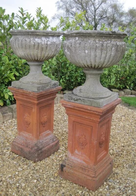 Vintage Pair of Chilstone Fluted Bowl Urns on Teracotta Plinths  - 4339
