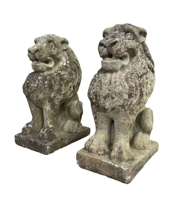 Pair of Vintage Reconstituted Stone Lions - 10501