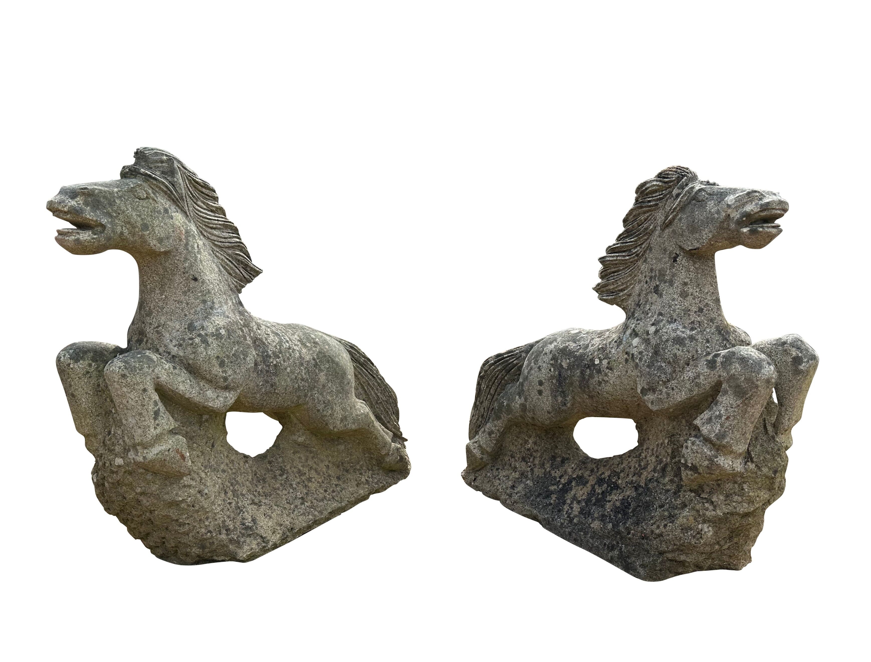 Pair of Reclaimed Antique Hand Carved Stone Horses - 10537