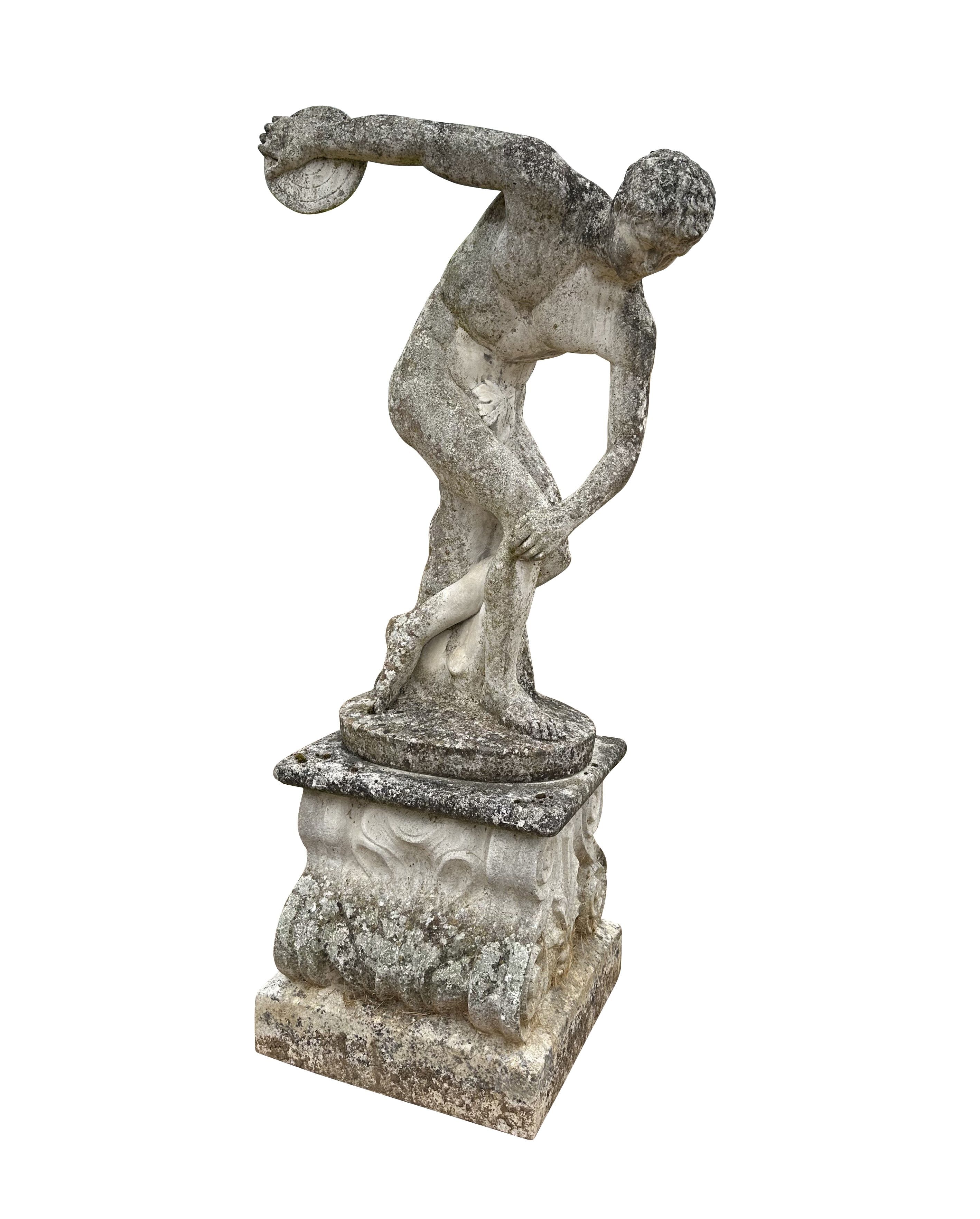 Vintage Reclaimed Garden Statue Of Discobolus On Plinth - 10529