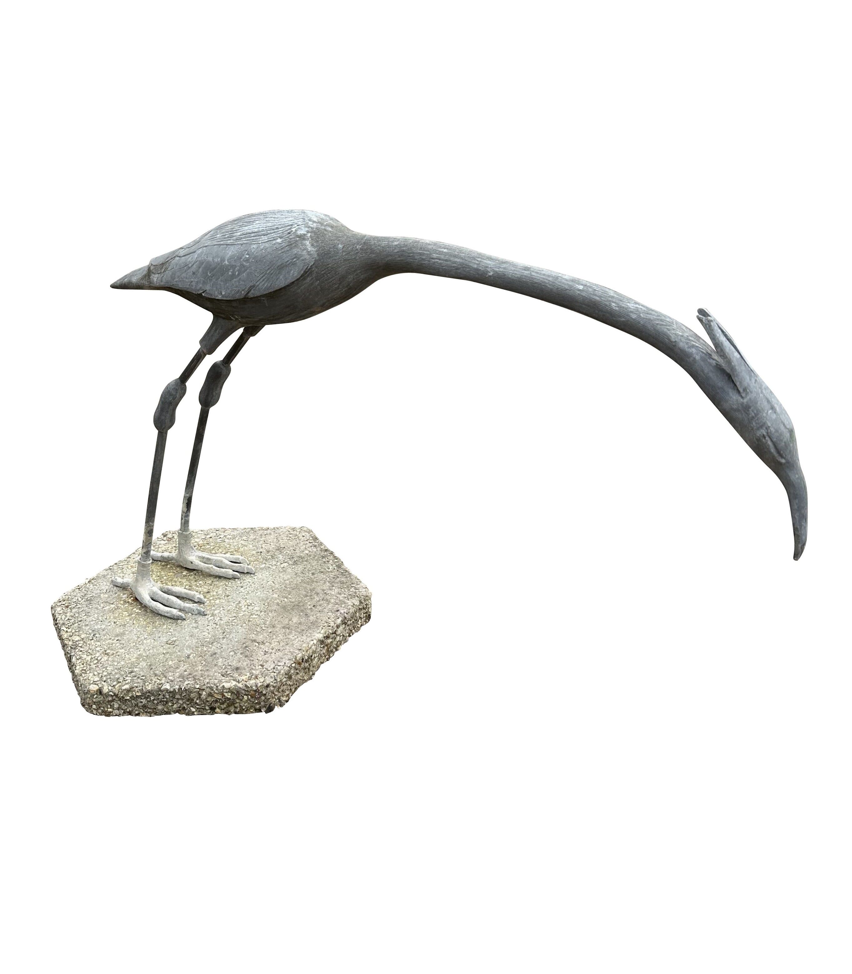 Antique Garden Lead Heron Statue On A Base - 10547