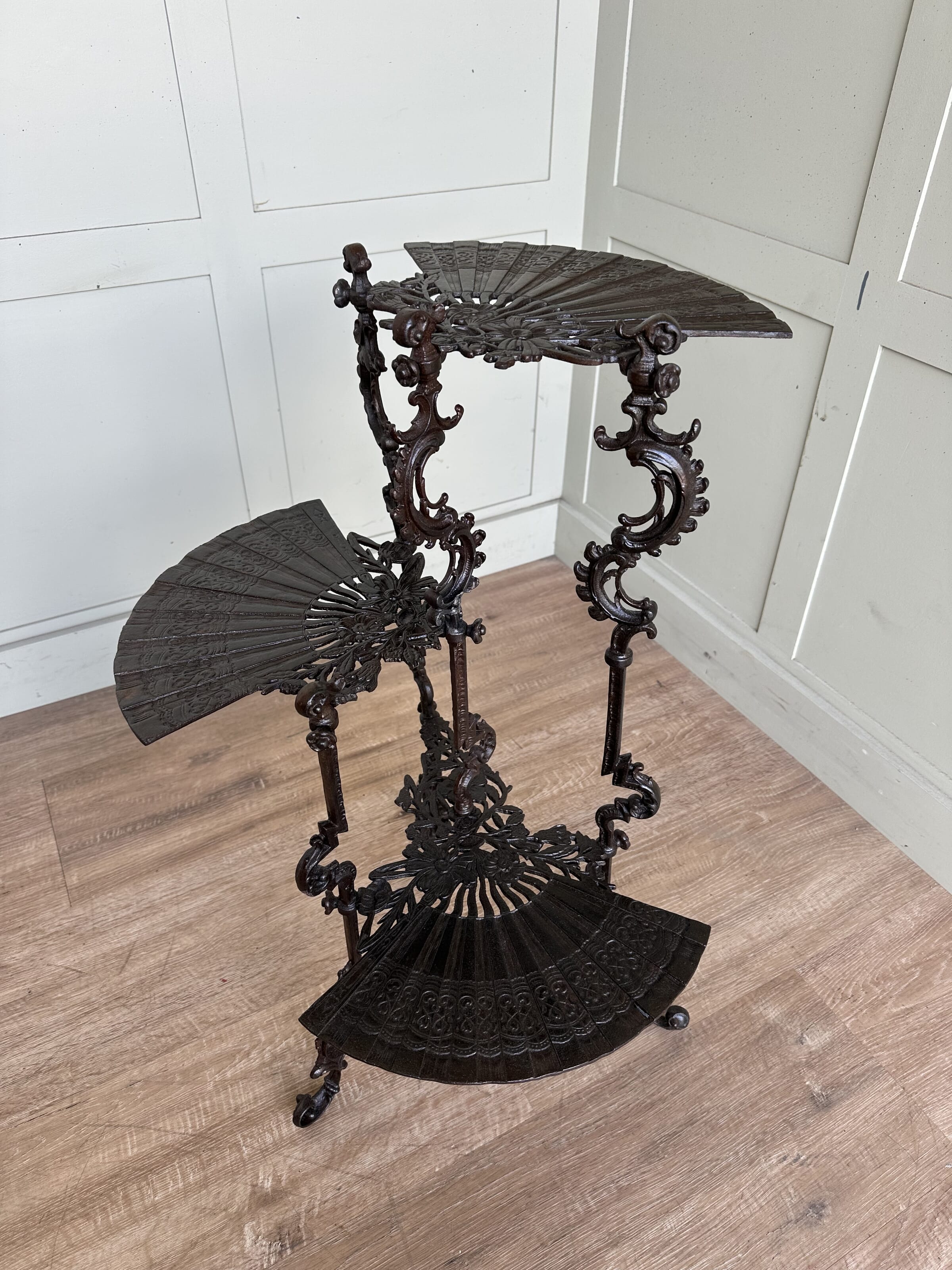 Antique Ornate Cast Iron Display Stand With Fan Shelves
