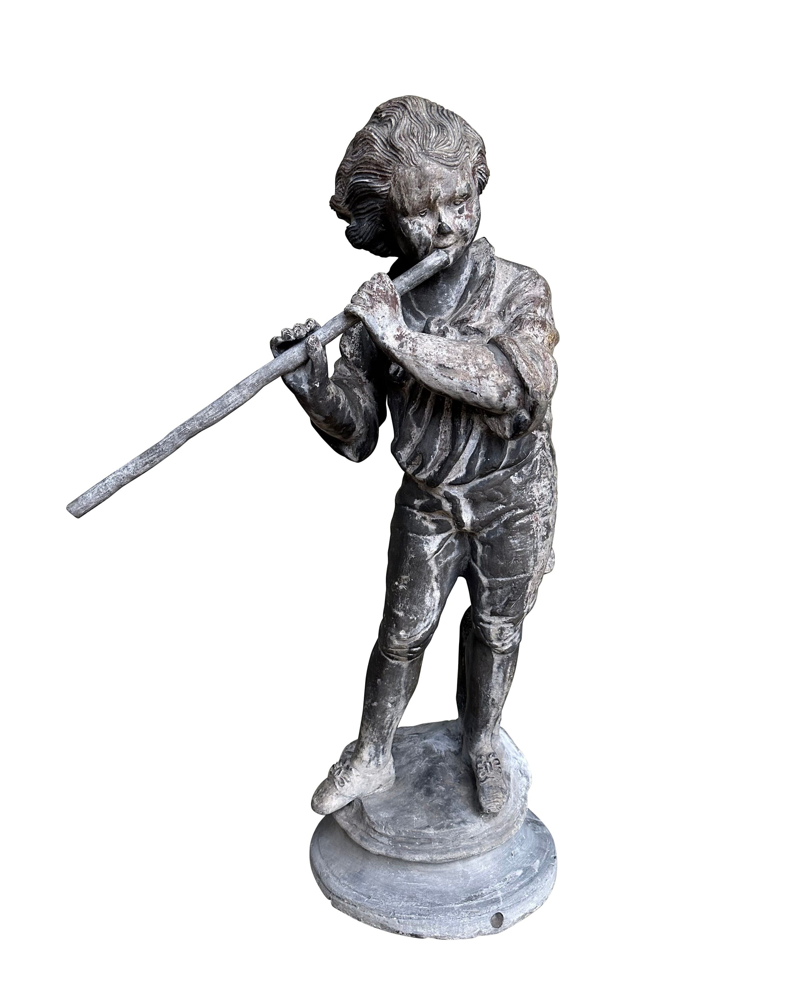 Antique Lead H Crowther The Flute Boy Statue - 10587