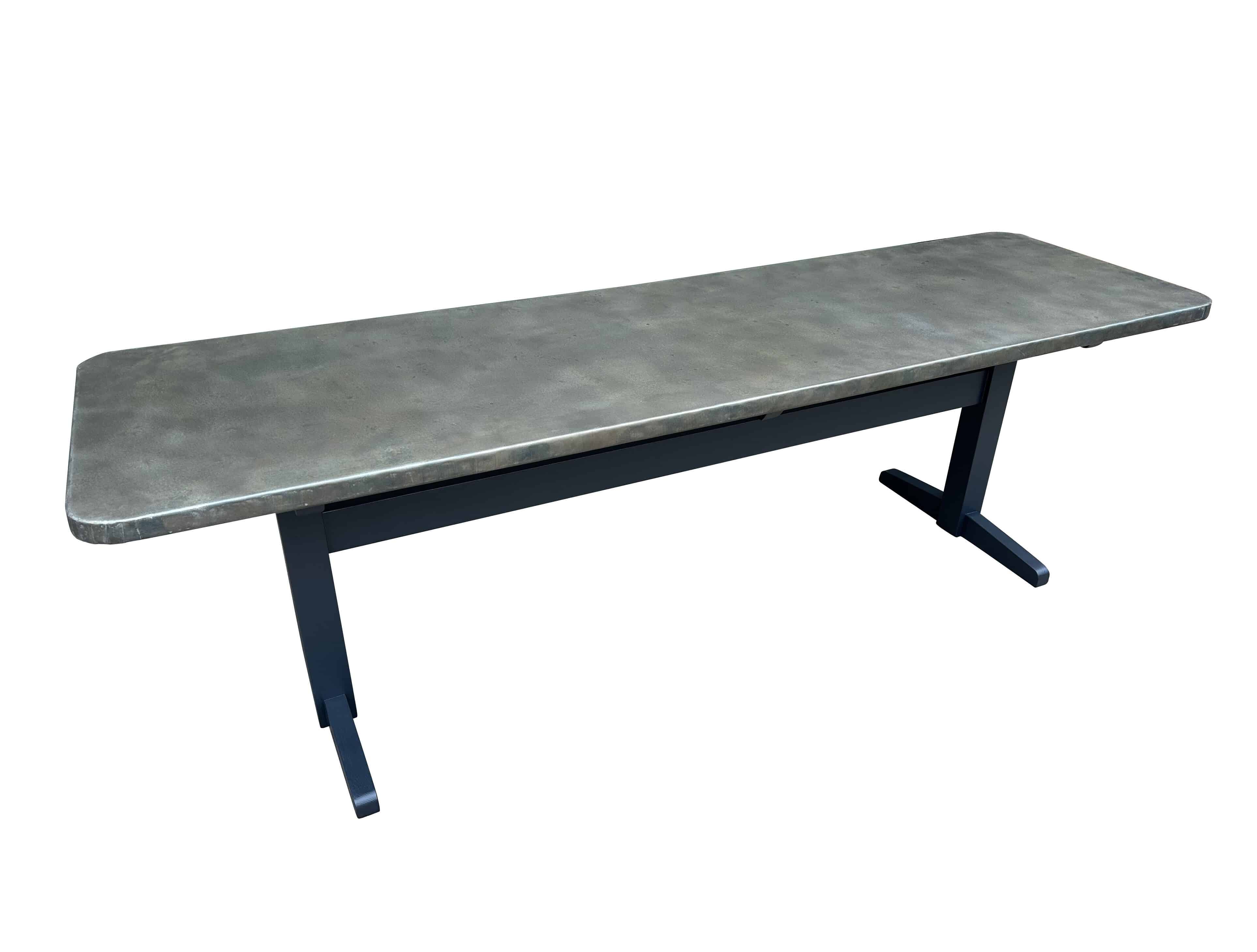 Handmade Antique Zinc Top Industrial Table With Trestle Base