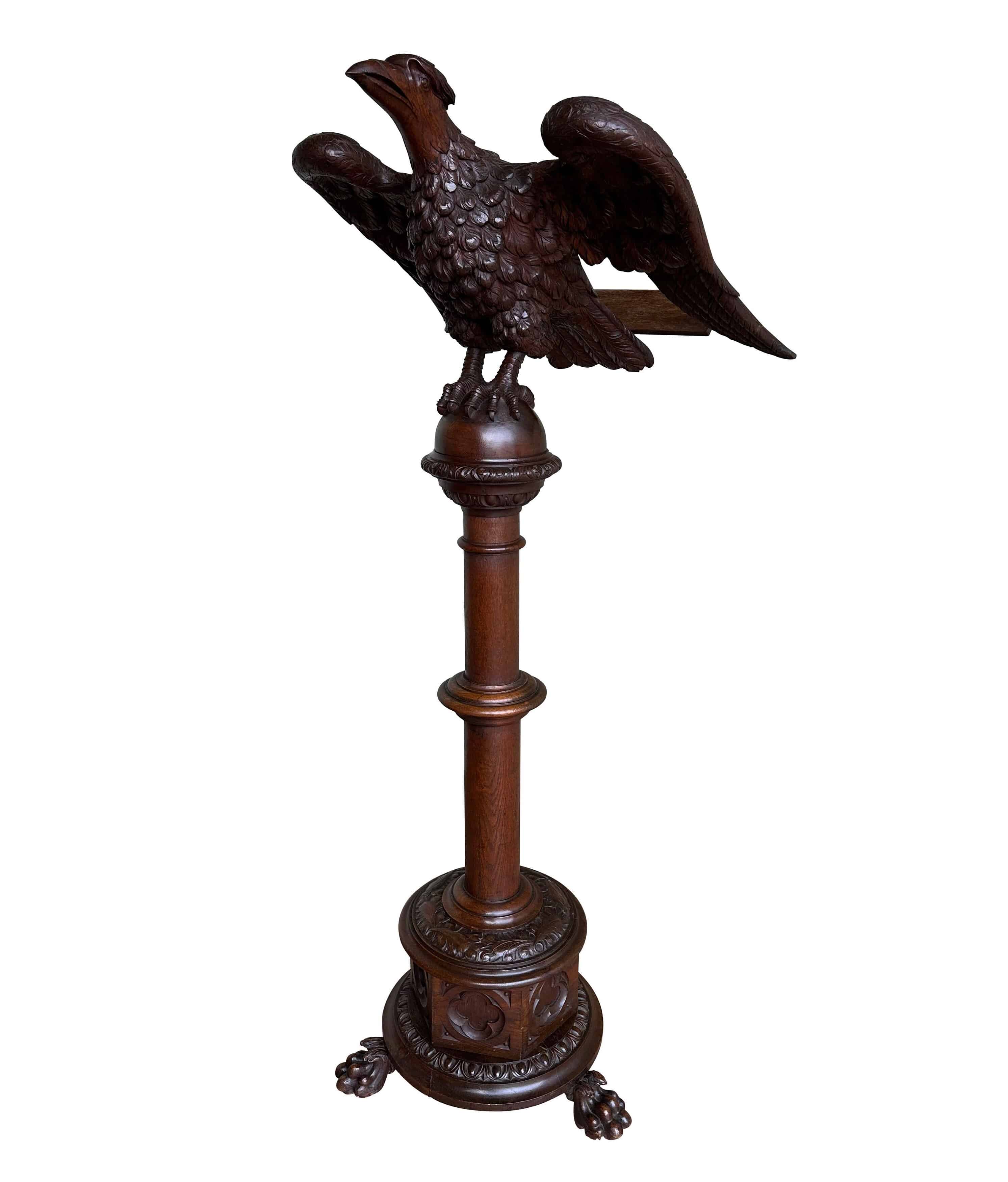 Carved Antique Church Oak Eagle Lectern On Lion Paws