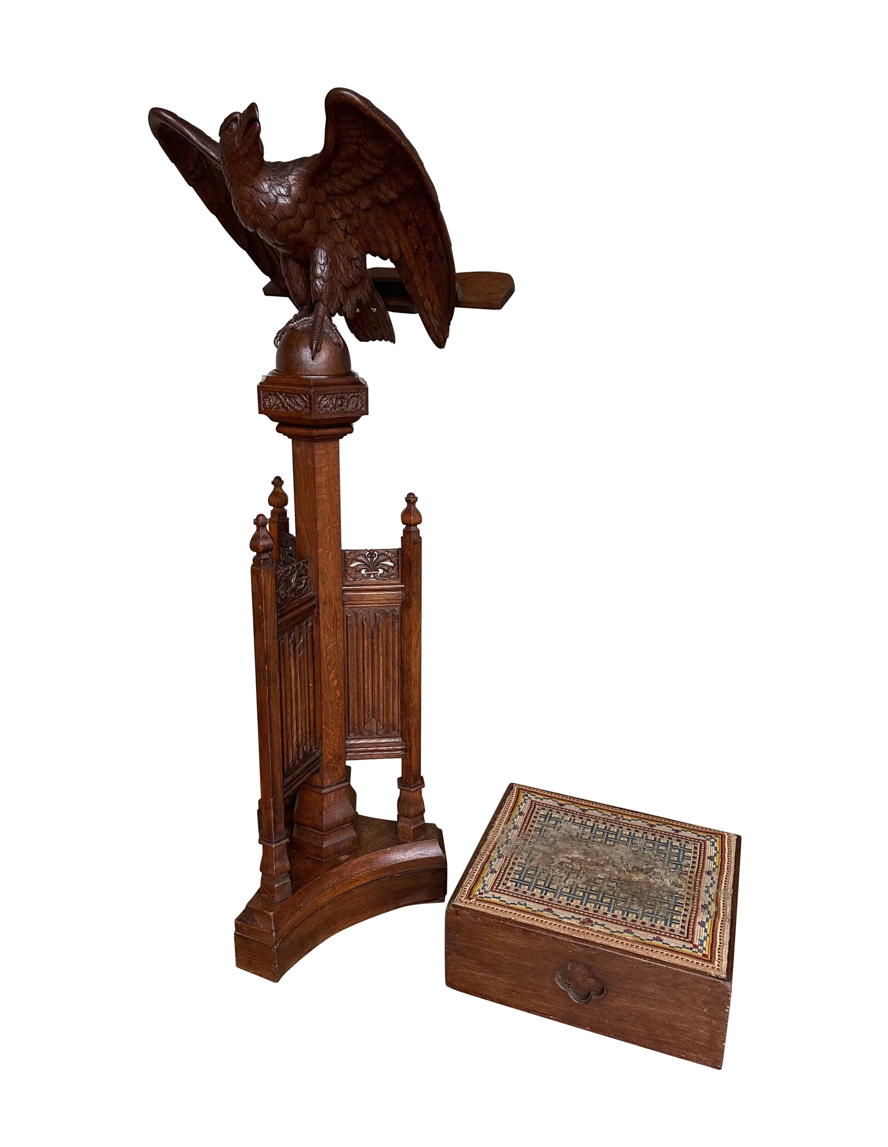 Antique Church Carved Oak Eagle Lectern With Separate Plinth