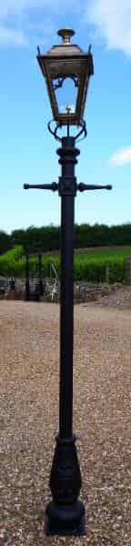 Large Antique Brass Gothic Lantern and Cast Iron Lamp Post