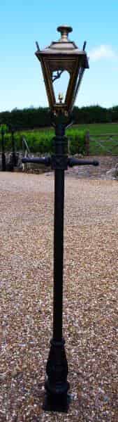 Small Antique Brass Gothic Lantern and Cast Iron Lamp Post