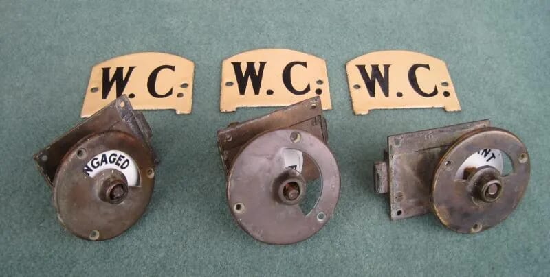 Set of 3 Antique Reclaimed Toilet Door Locks and Enamel Signs - 4773