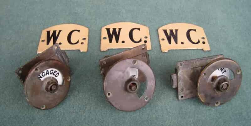Set of 3 Antique Reclaimed Toilet Door Locks and Enamel Signs