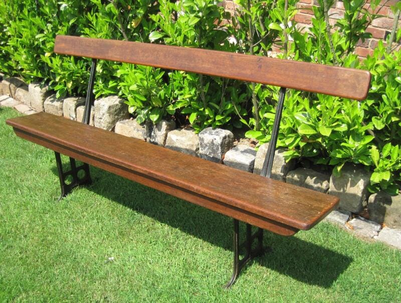 Antique Victorian Pitch Pine Bench with Iron Frame - 4767