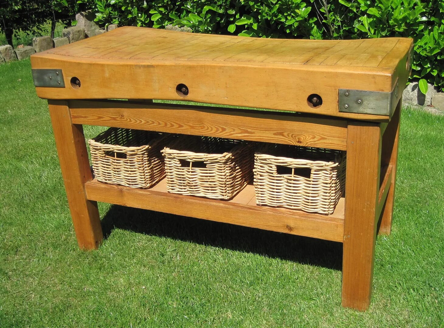 Antique Butchers Block on Original Stand with 3 Wicker Baskets - 4775