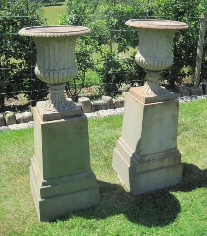 Pair of Antique Victorian Cast Iron Urns on Plinths - 4811