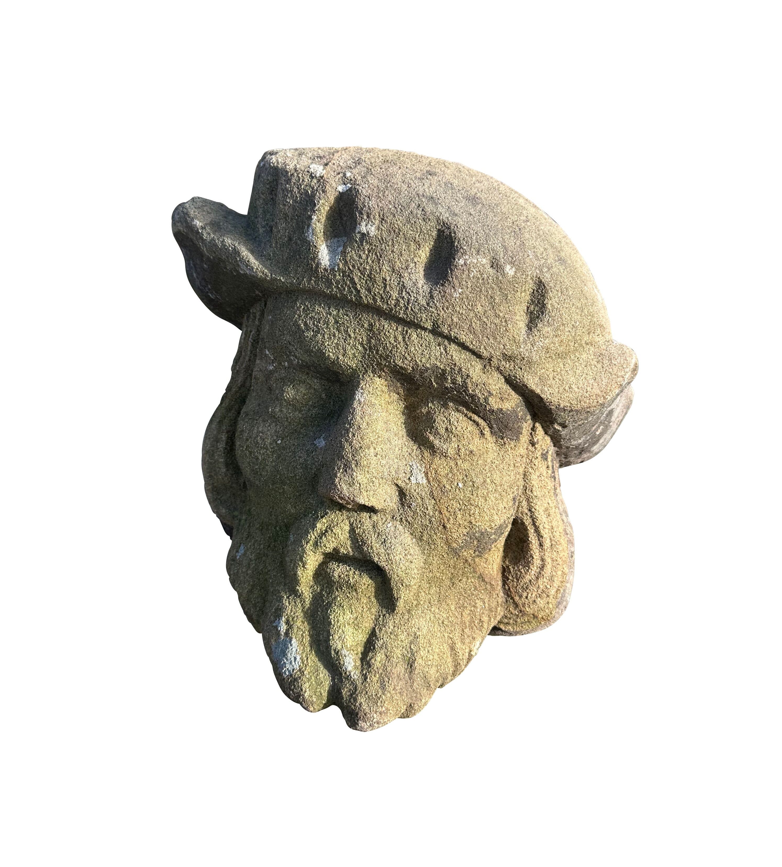Hand Carved 18th Century Stone Face Garden Sculpture - 10692