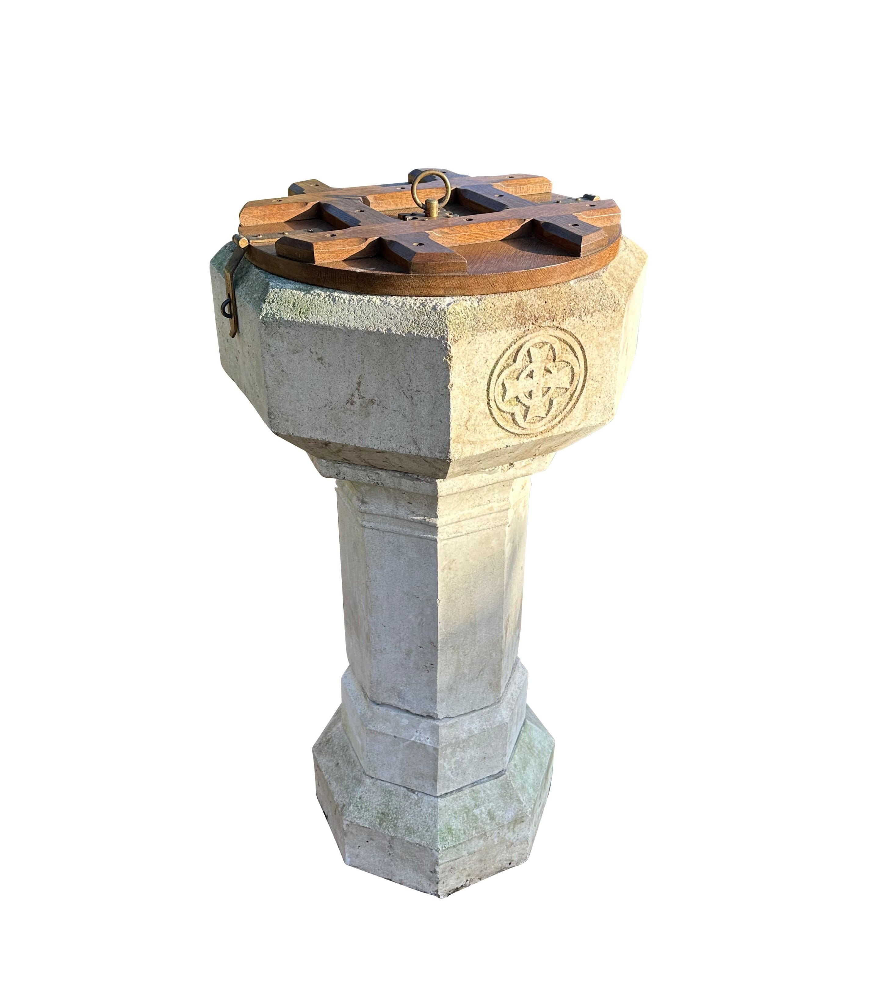 Original Hand Carved Stone Church Font With Oak Lid - 10700