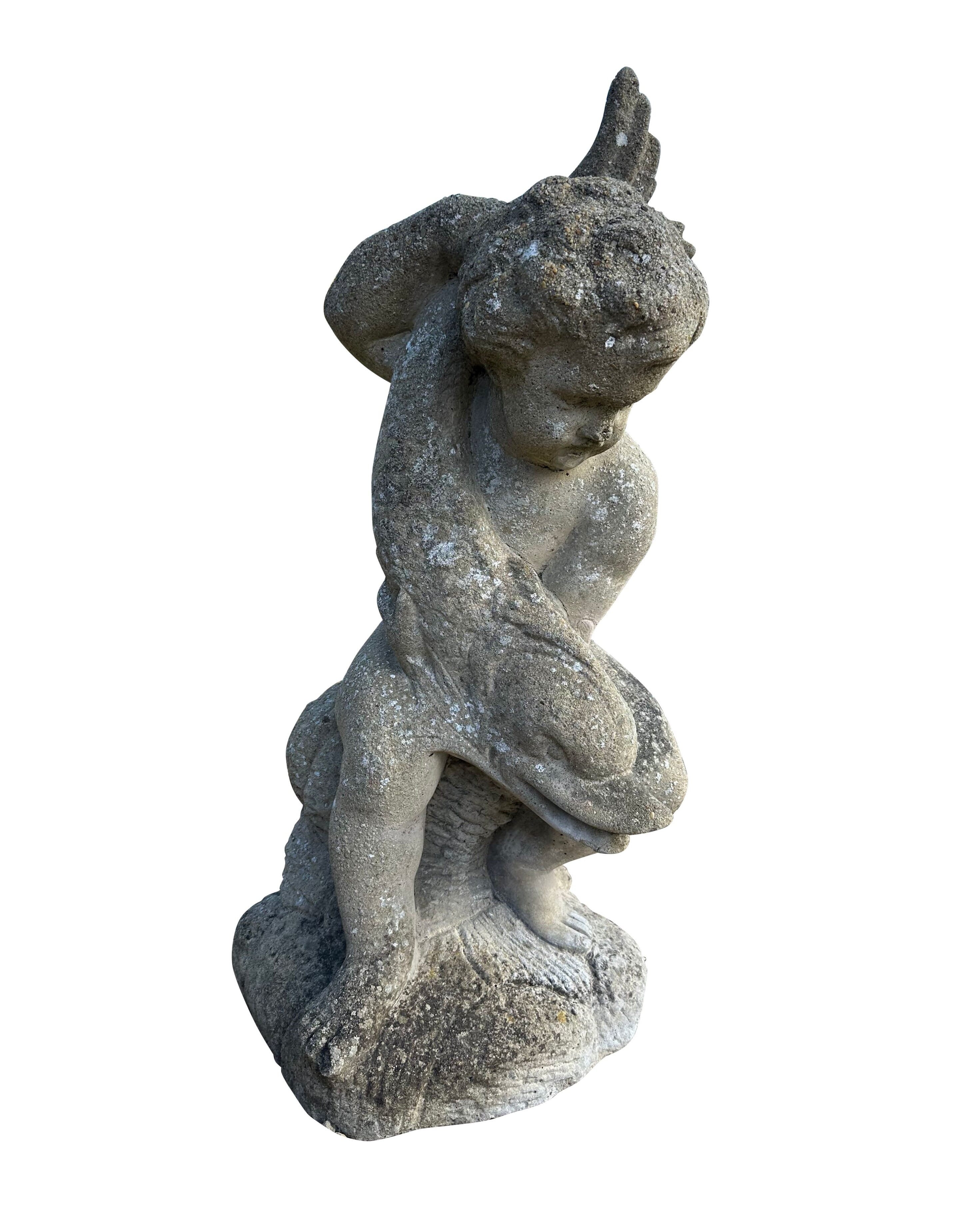 Reconstituted Stone Garden Vintage Boy & Fish Water Feature - 10726