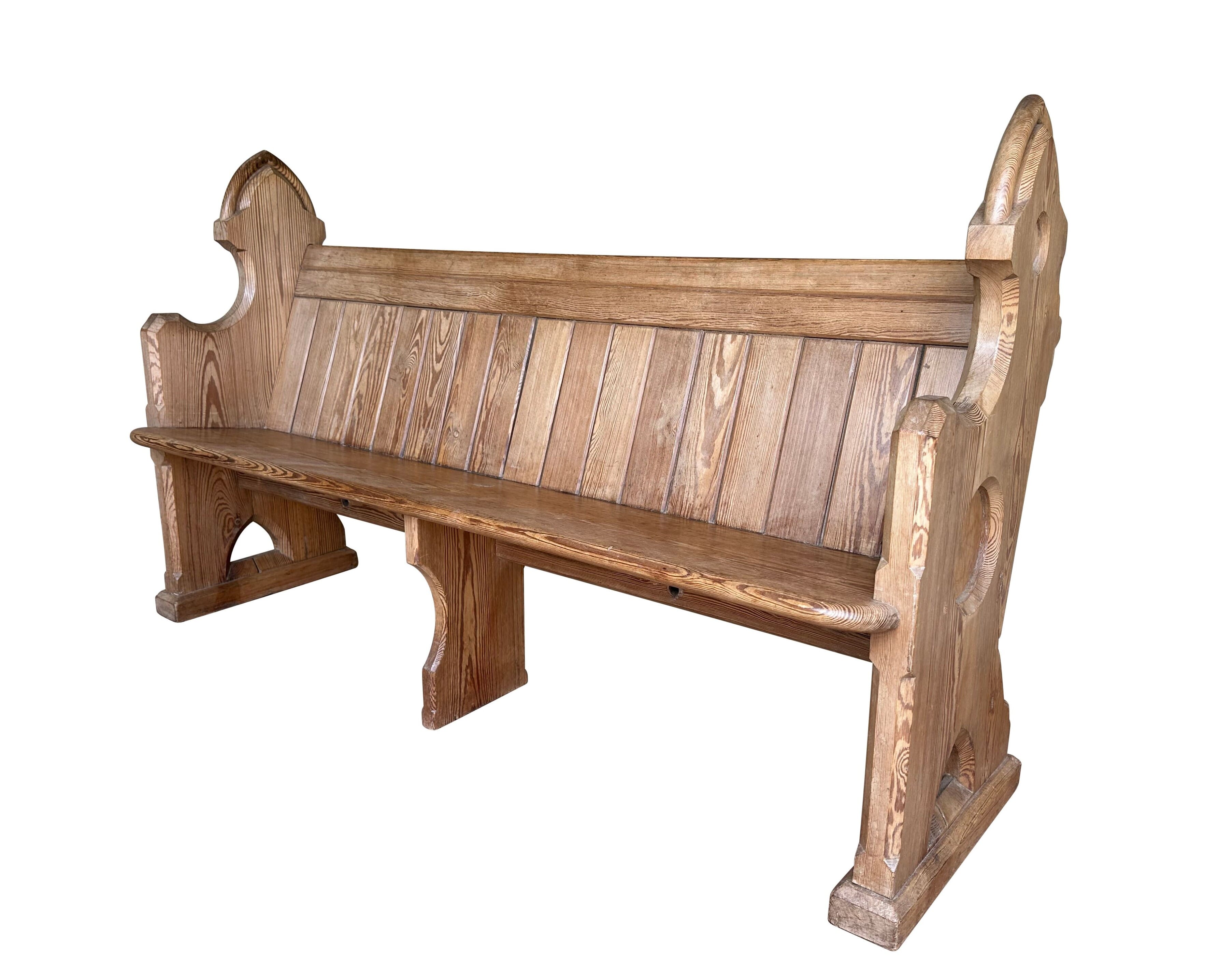 Antique Ornate Gothic Pitch Pine Church or Chapel Pew - 10729