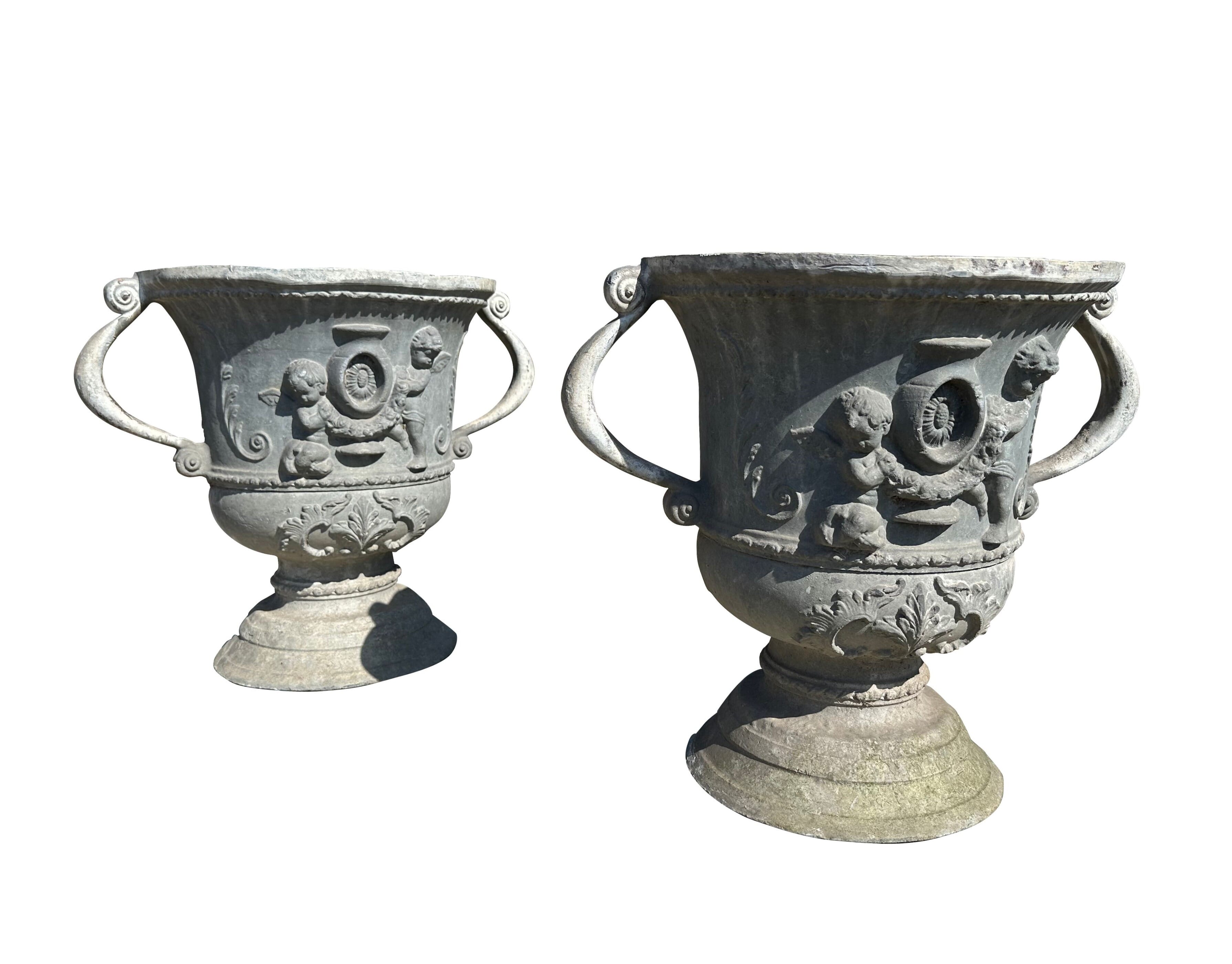 Pair of Ornate English Lead Garden Urns / Planters - 10748
