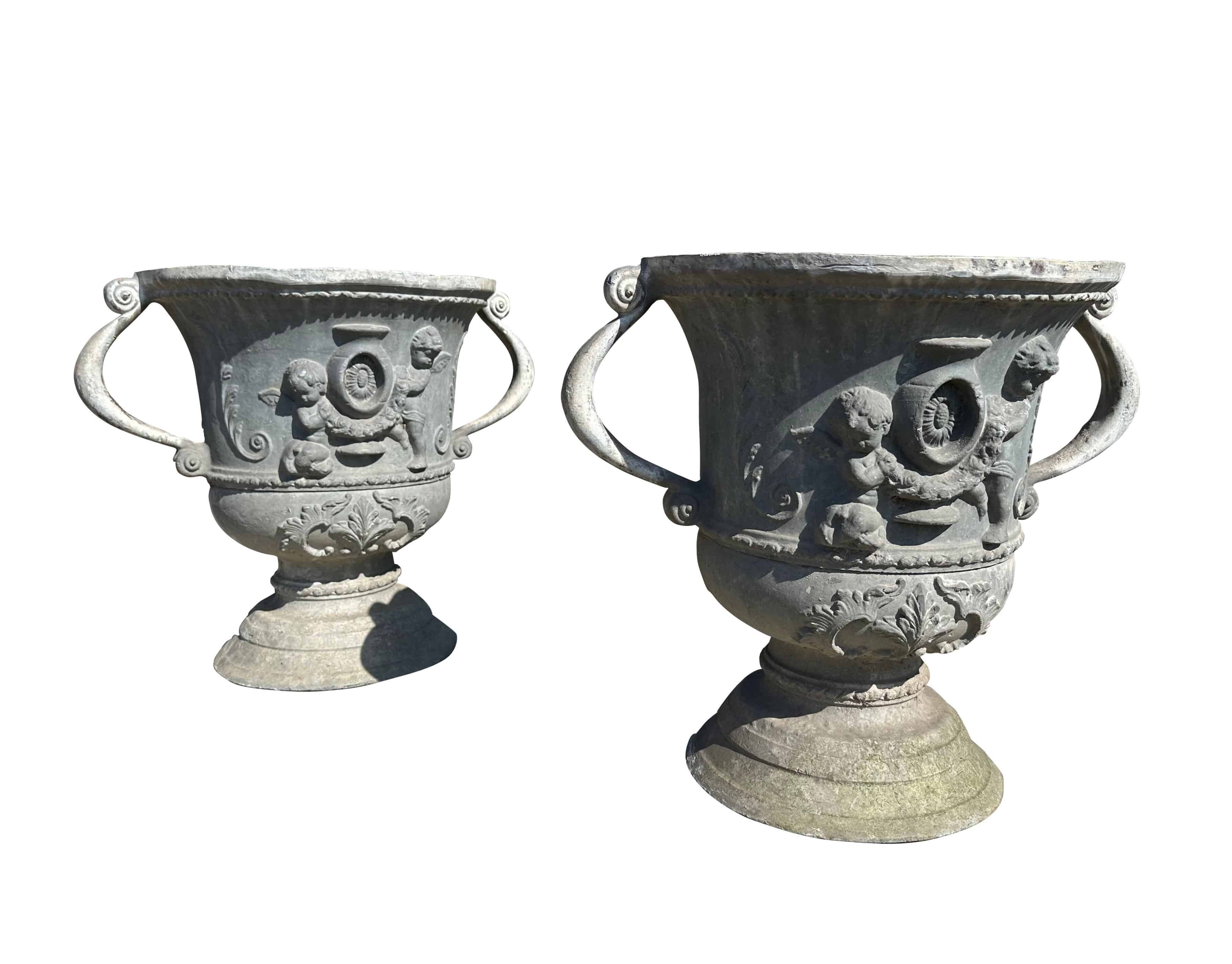 Pair of Ornate English Lead Garden Urns / Planters