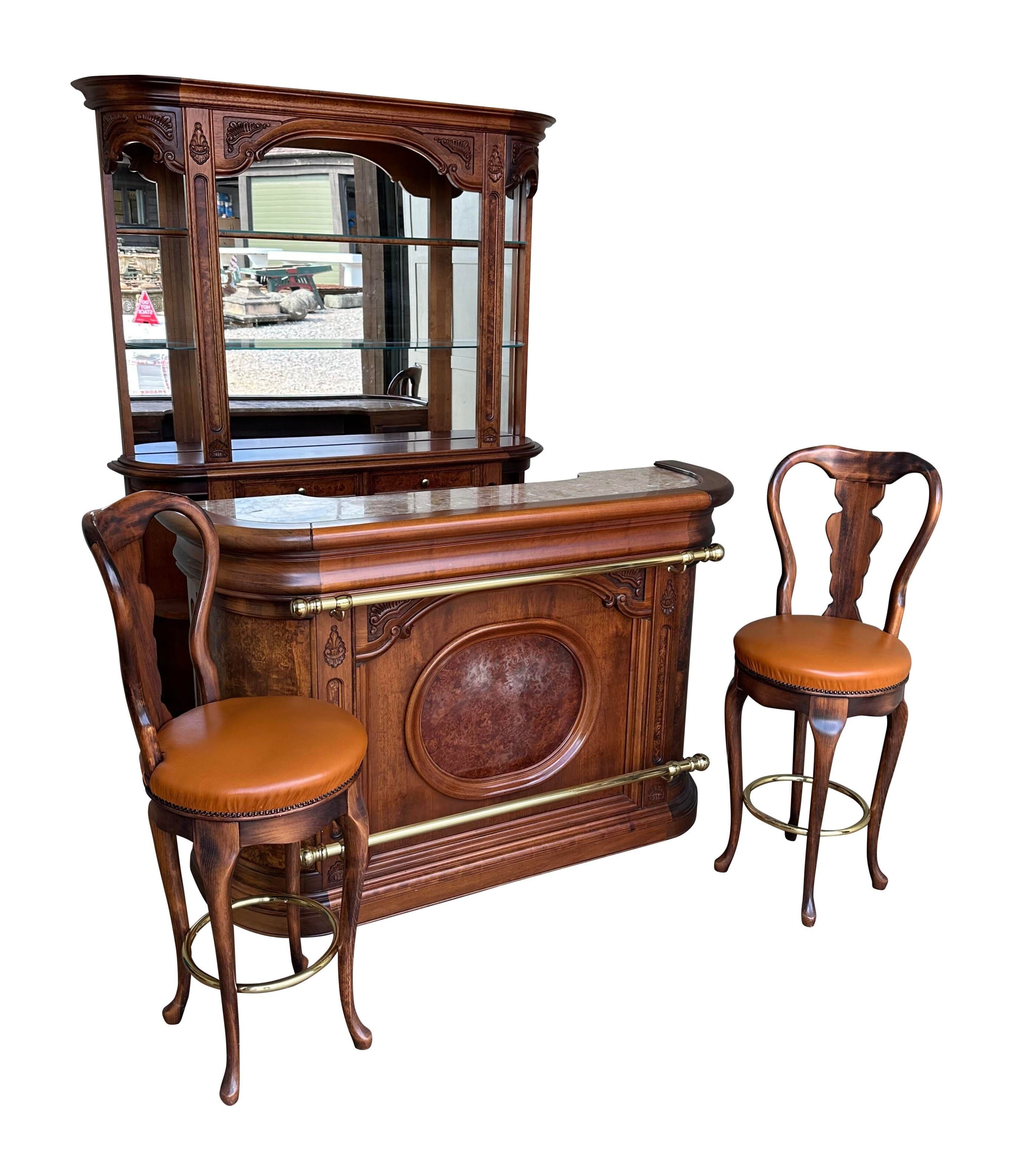 Vintage Burr Walnut Home Bar With Leather Stools - 10759
