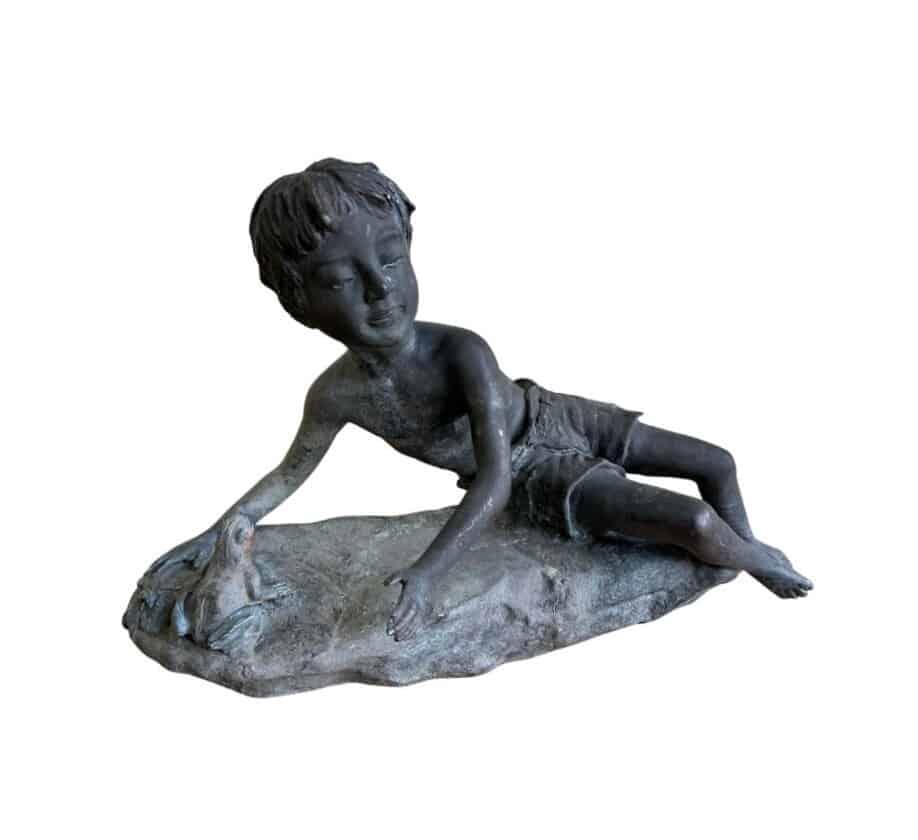 Decorative Bronze Boy Reclining On Rock And Frog Water Feature