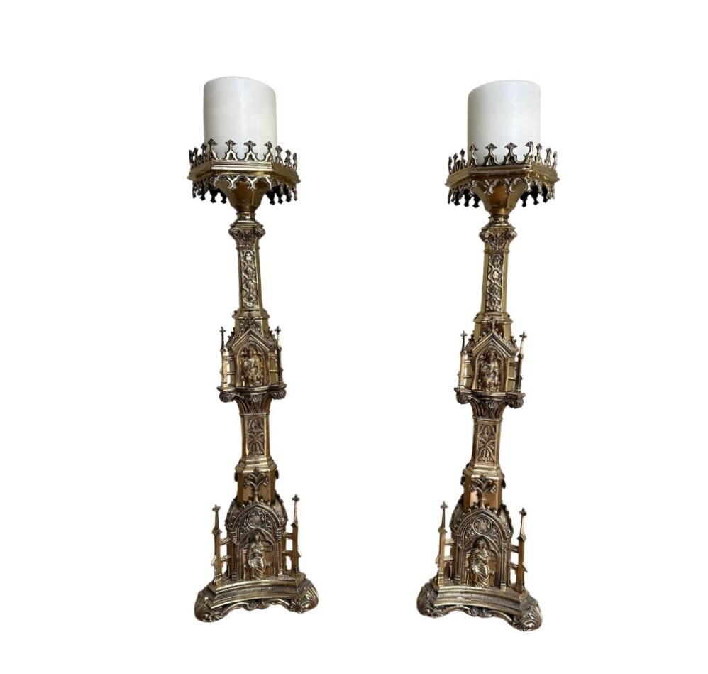Pair of Large Victorian Solid Brass Gothic Candlesticks - 10849