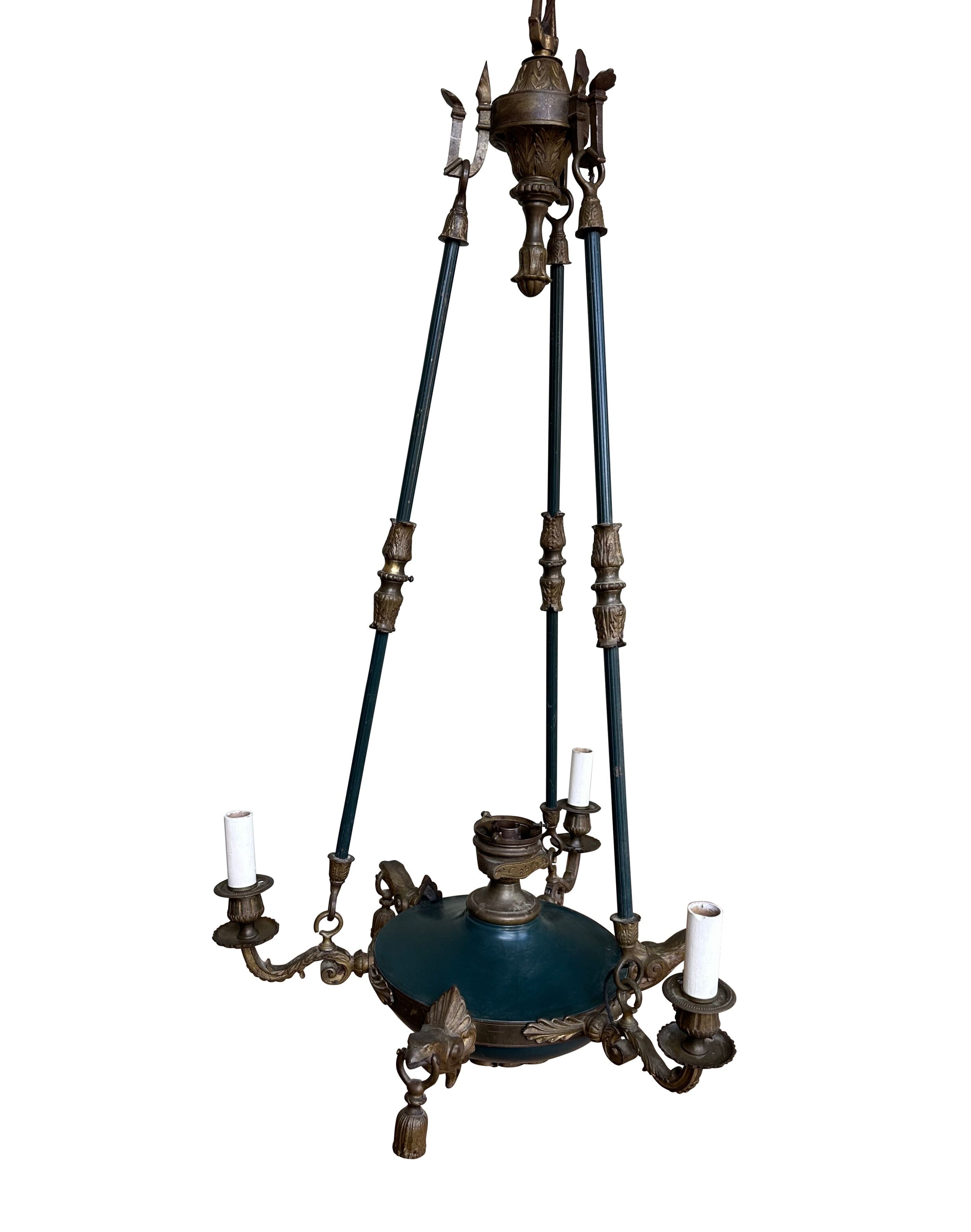 Antique Decorative French 3 Arm Brass Ceiling Chandelier - 10879