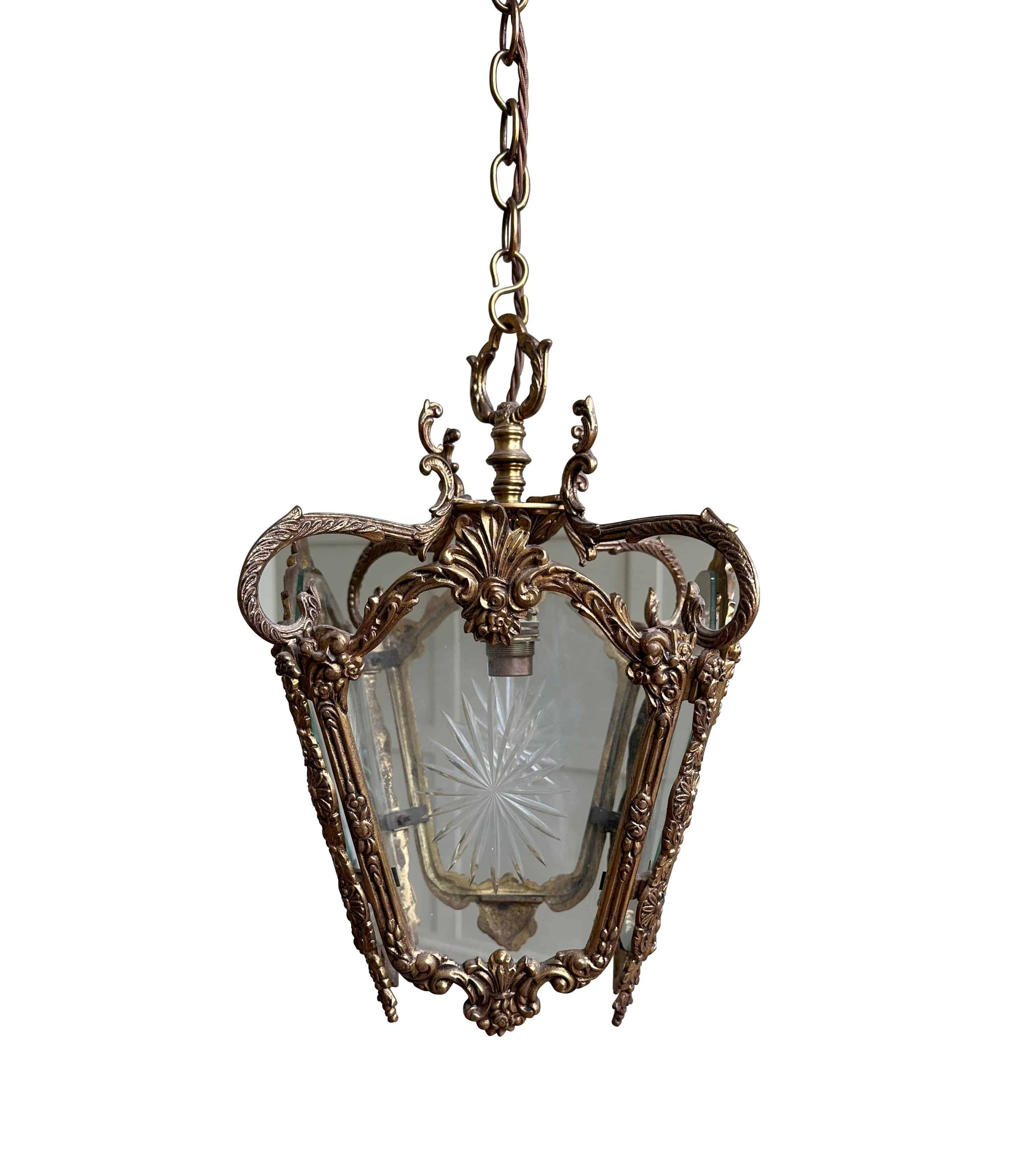 Excellent French Rococo Brass and Etched Glass Hall Light