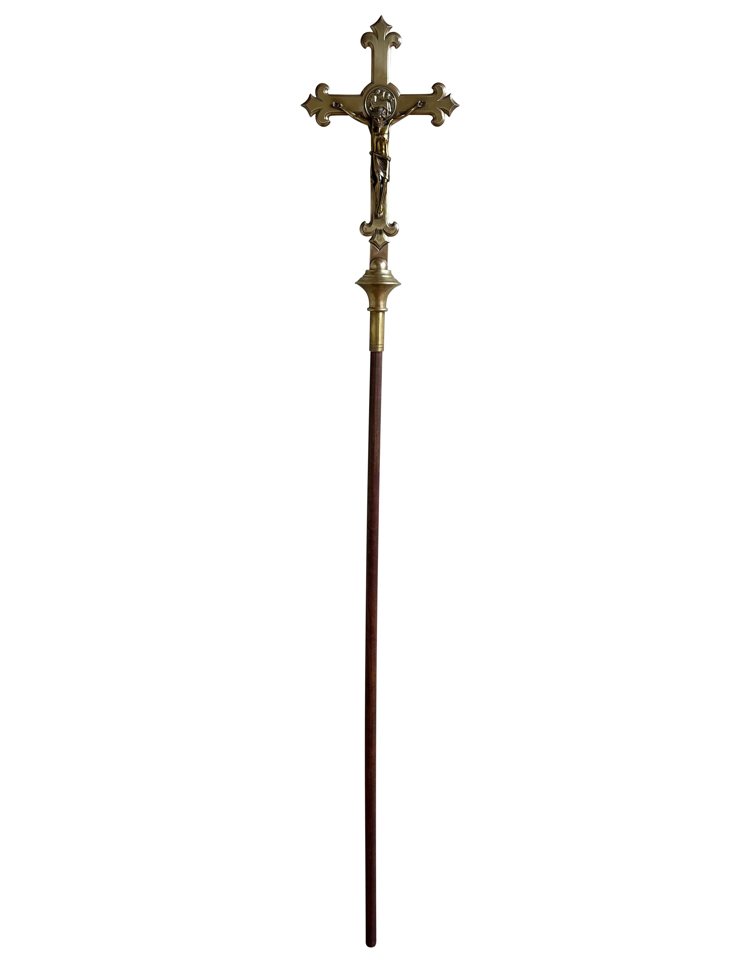 Antique Solid Brass Processional Cross On A Staff - 10924