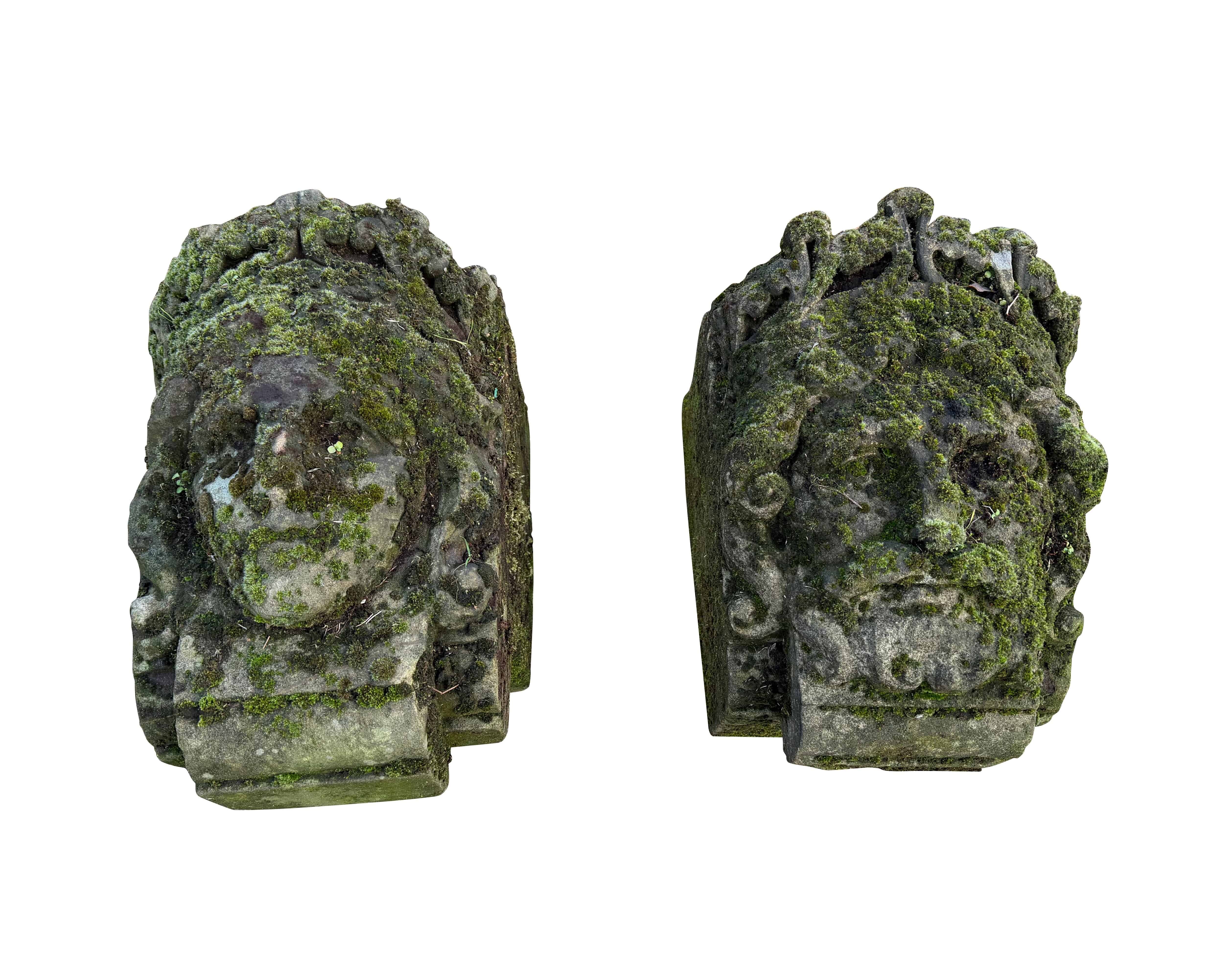 Victorian Hand Carved Stone King and Queen Face Corbels