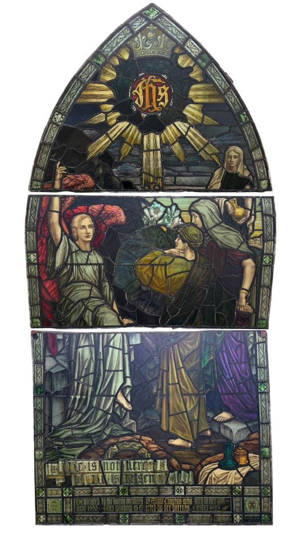 Large Antique Hand Painted Stained Glass Window - 11022A