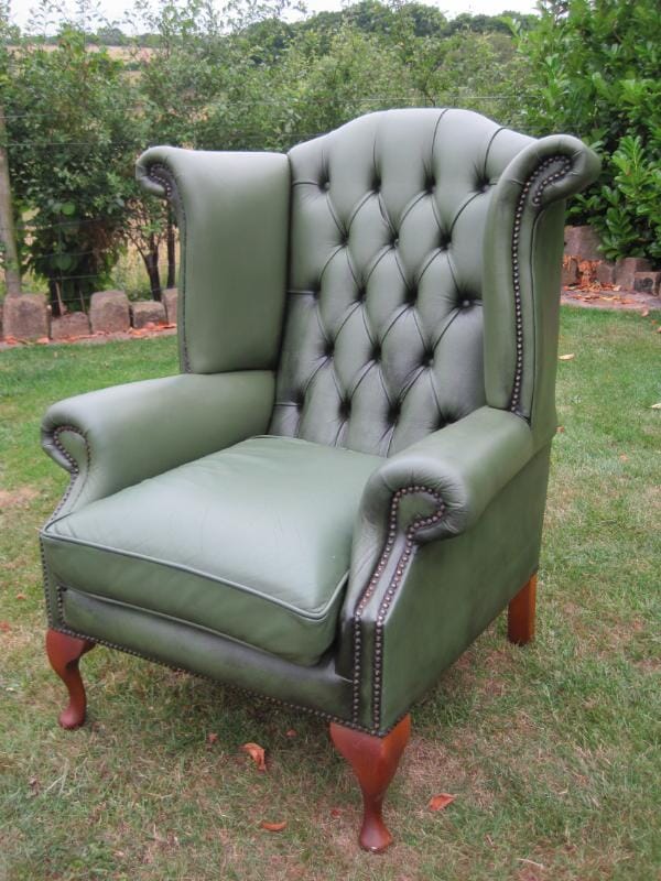 Antique High Backed Winged Green Chesterfield Chair - 4897