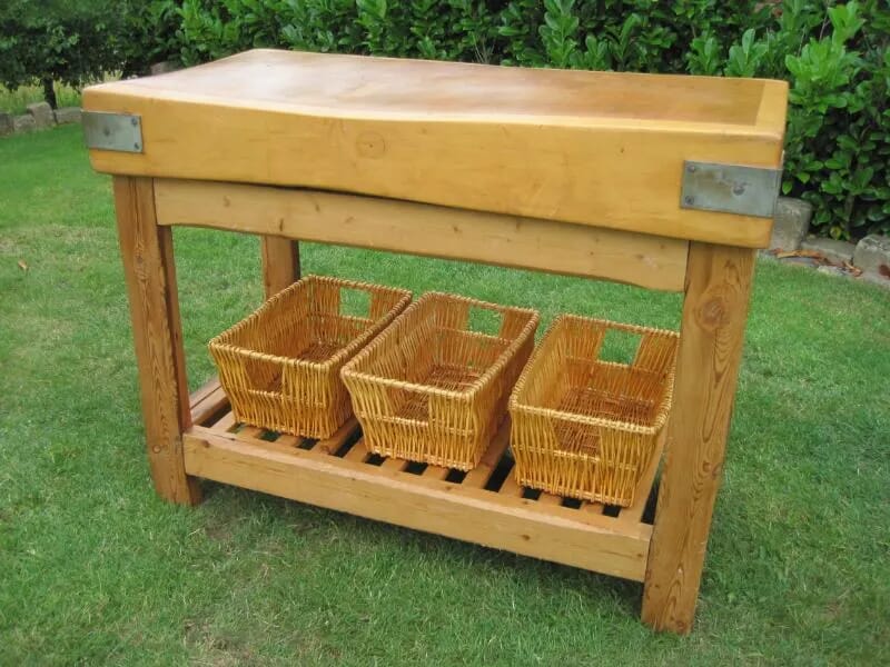 Antique Reclaimed Butchers Block on Original Stand with baskets - 4843