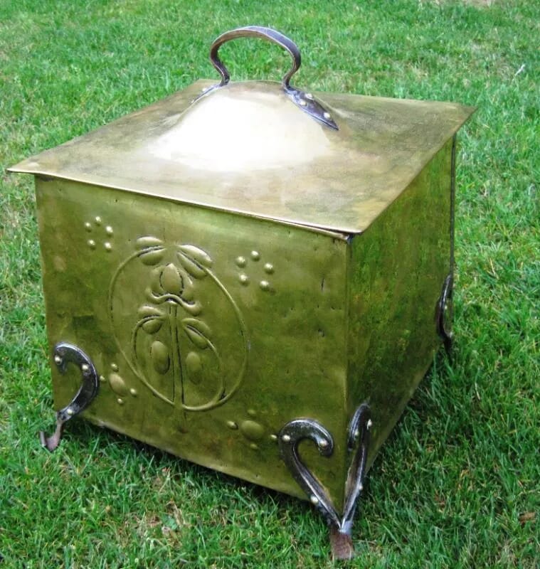 Art Nouveau Polished Brass and Wrought Iron Coal Holder - 4942