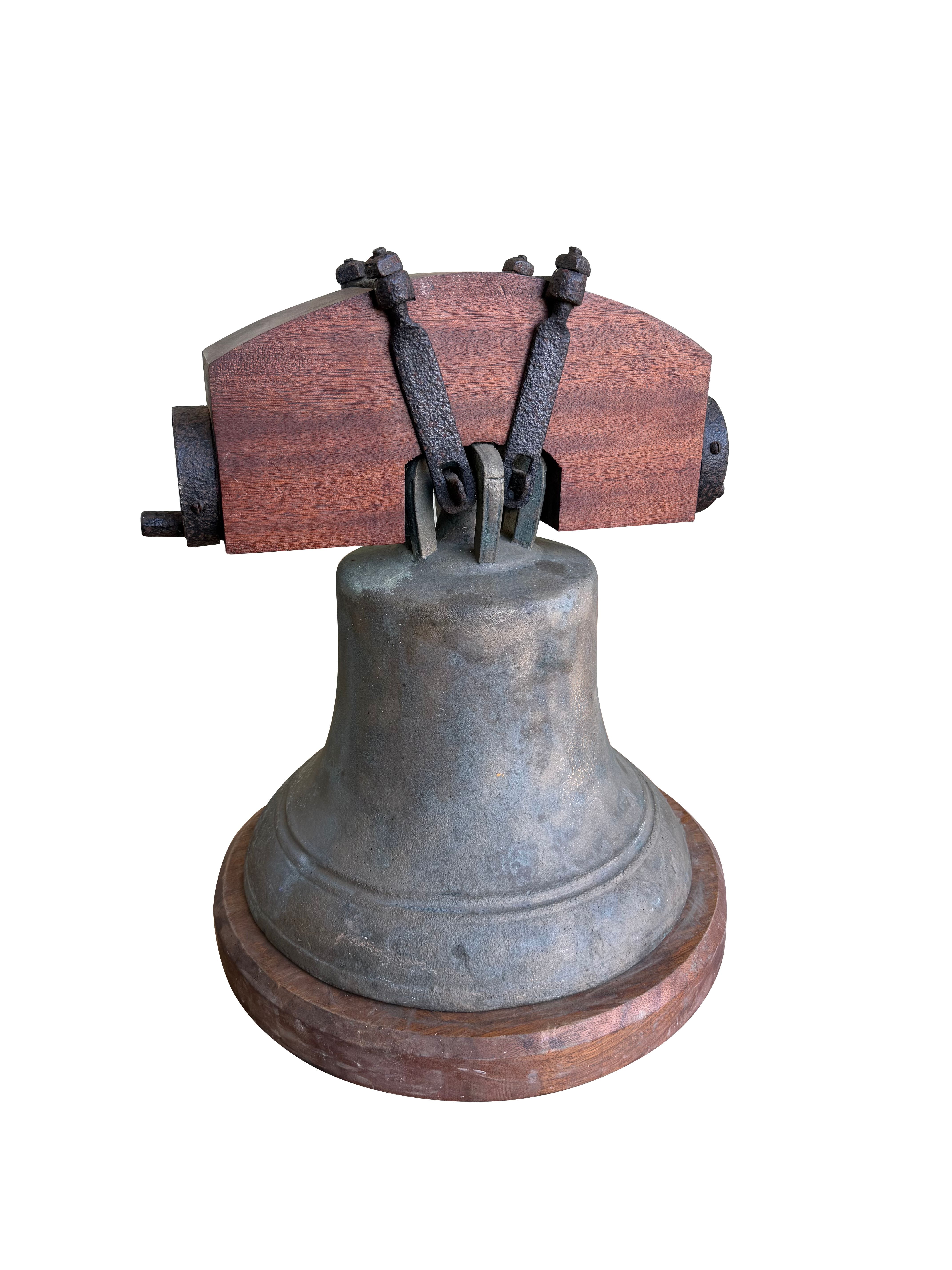 Antique Church Bronze Bell With Clapper and Wooden Frame - 10965