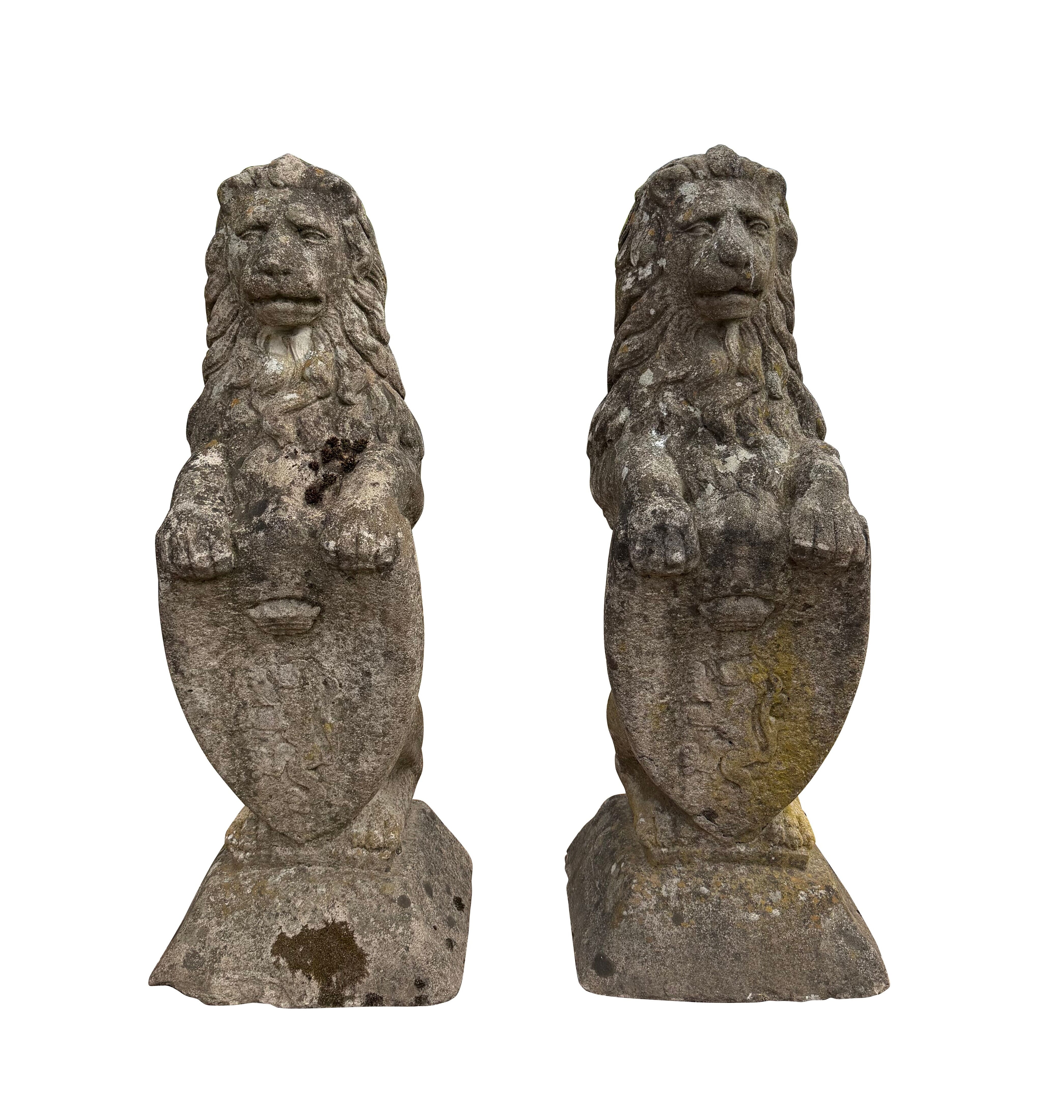 Pair of Reclaimed Reconstituted Stone Heraldic Lions - 11099