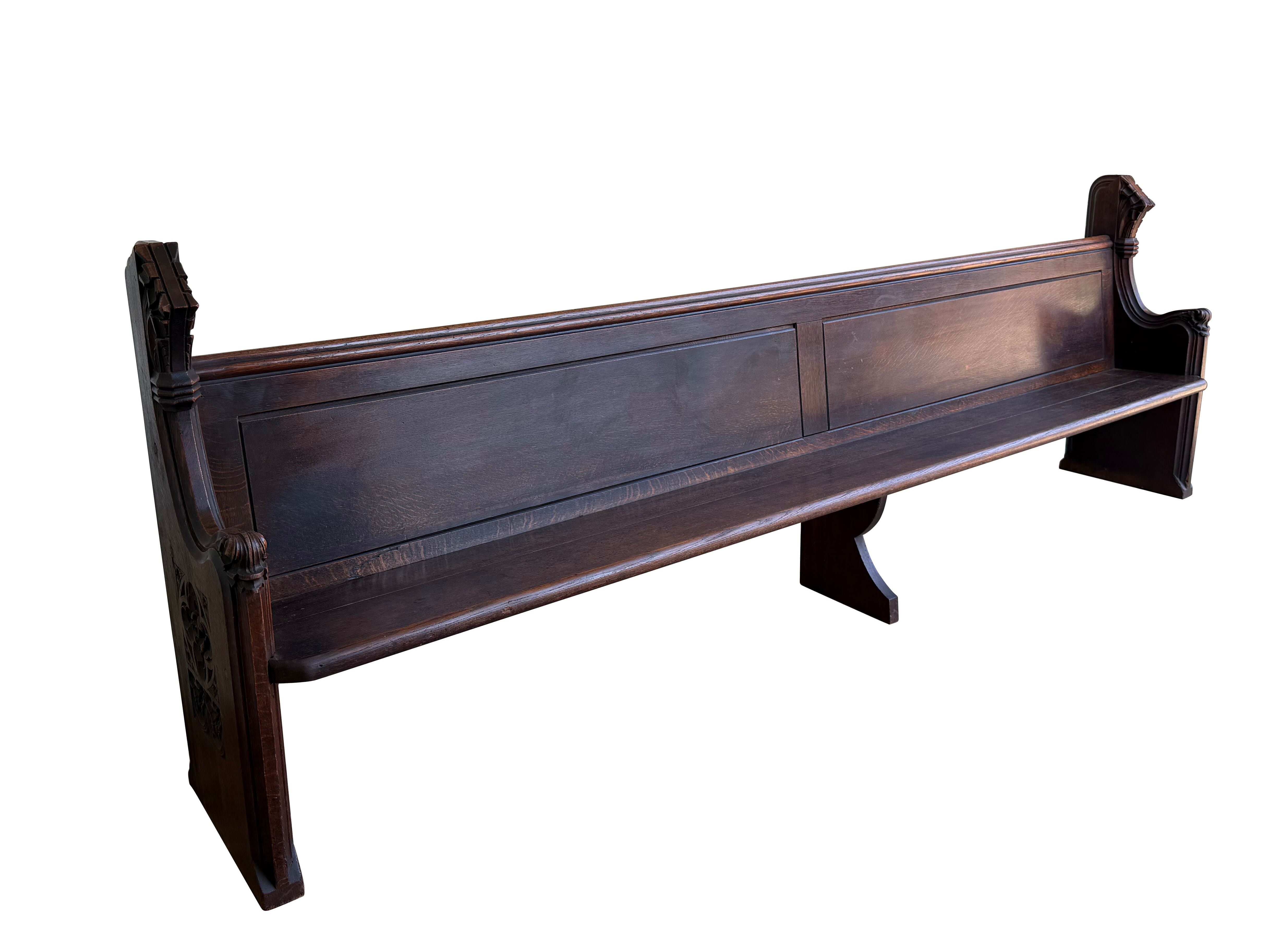 Antique Reclaimed Ornate Solid Oak Church or Chapel Pew - 11136A