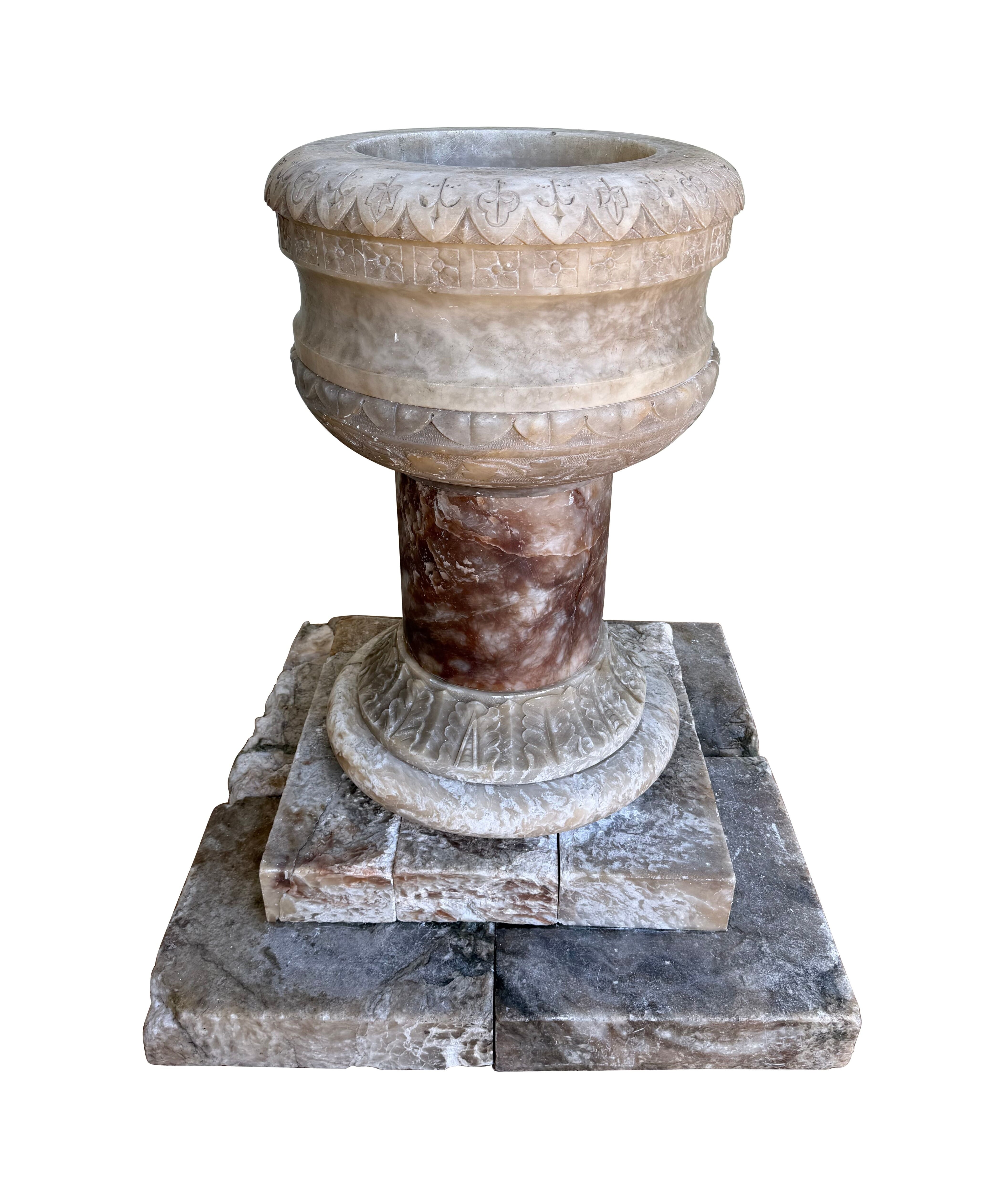 Original Carved Alabaster Reclaimed Church Font - 11181